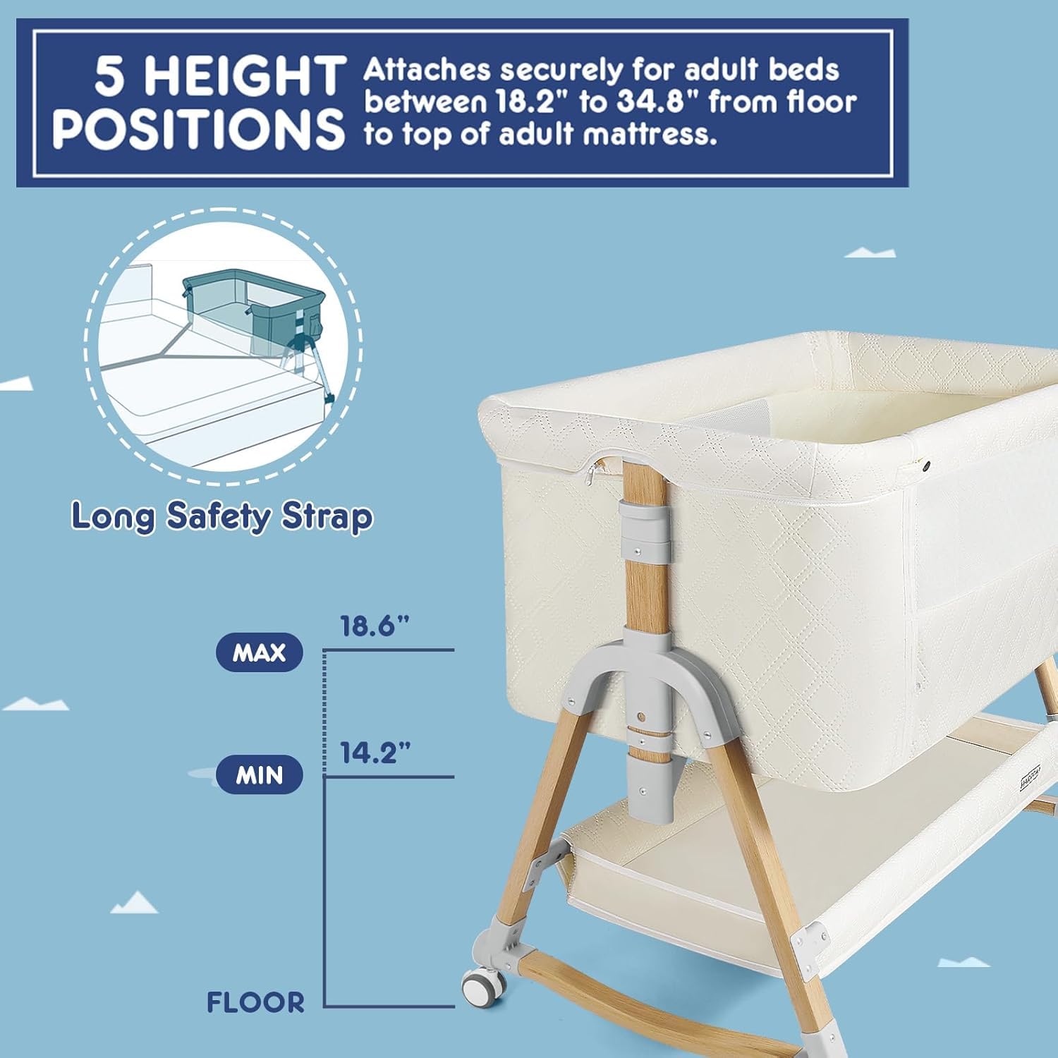 3-in-1 Adjustable Baby Bassinet with Mosquito Net & Storage - Portable Bedside Crib for Newborns, 5 Position Height Adjustment & Anchor Strap (White) - Perfect for Nursery, Bedroom & Travel Use
