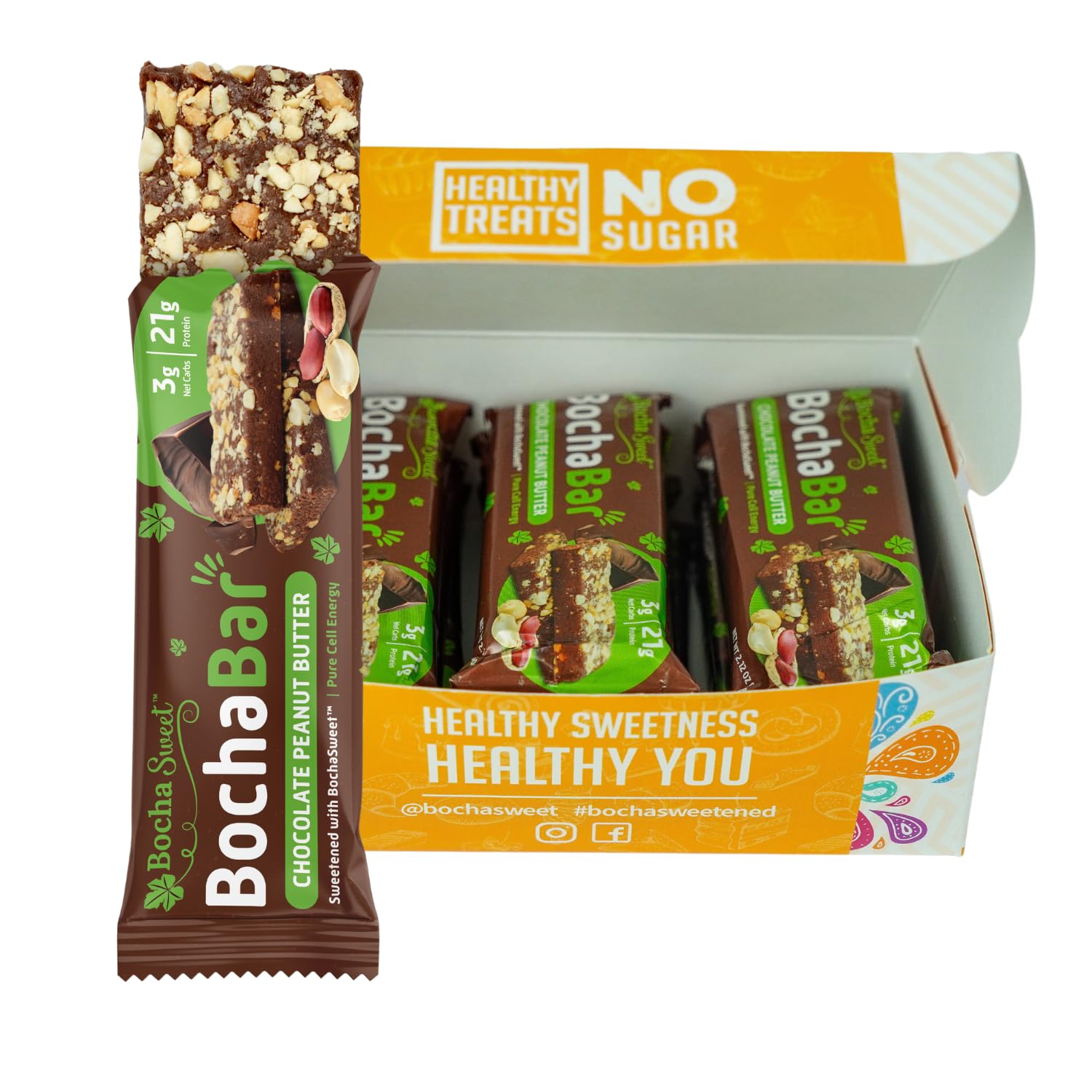 BochaSweet Keto Protein Bar - Chocolate Peanut Butter Flavor with 21g Grass-Fed Collagen | Low Carb, Keto-Friendly, Gluten Free Snack | 12 Count Pack | Perfect for On-the-Go Energy & Post-Workout Recovery