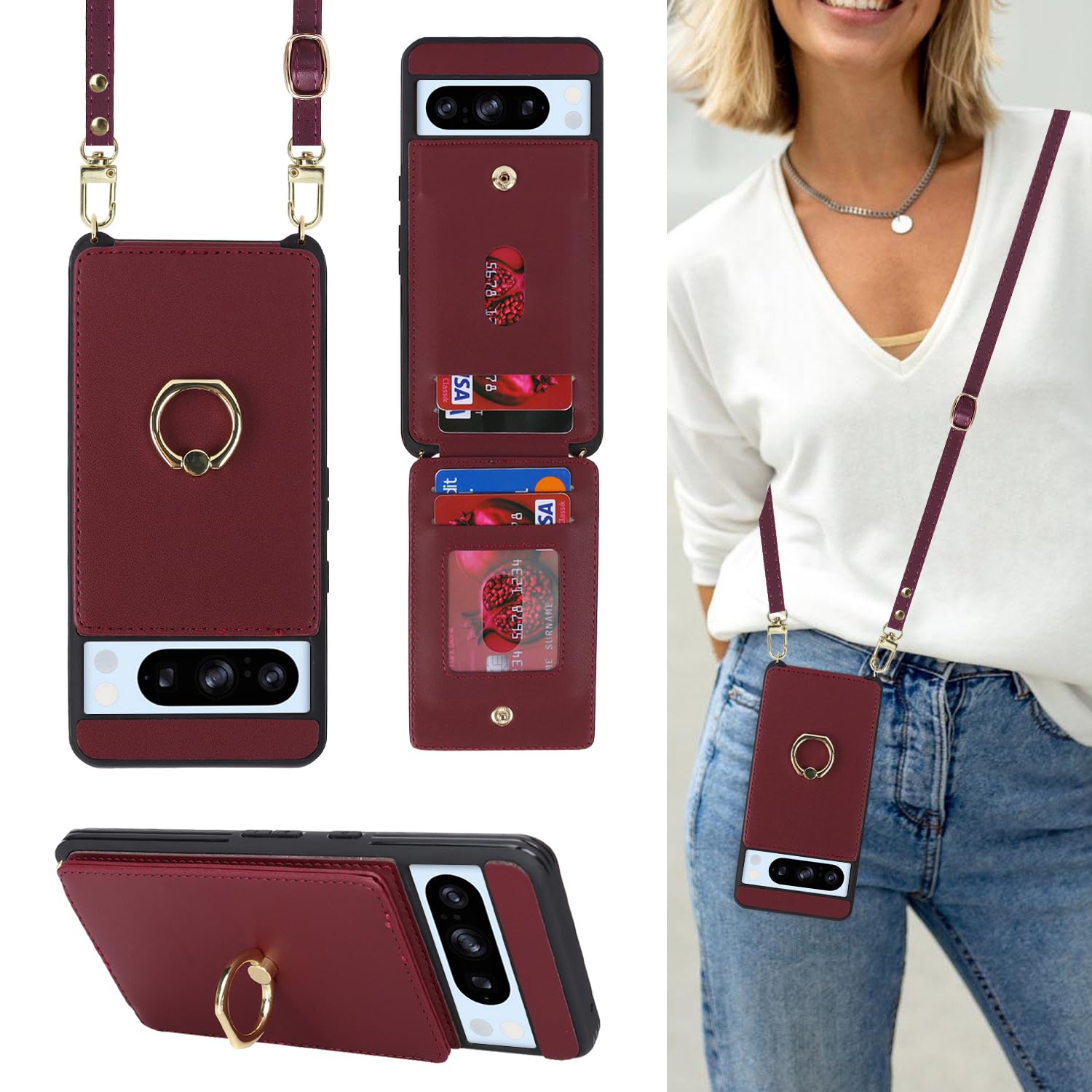 Google Pixel 8 Pro Case 6.7 inch - Slim Wallet Phone Case with Card Holder, Crossbody Lanyard & Kickstand (Wine Red) | Perfect for Women's Everyday Use, Travel & Hands-Free Convenience