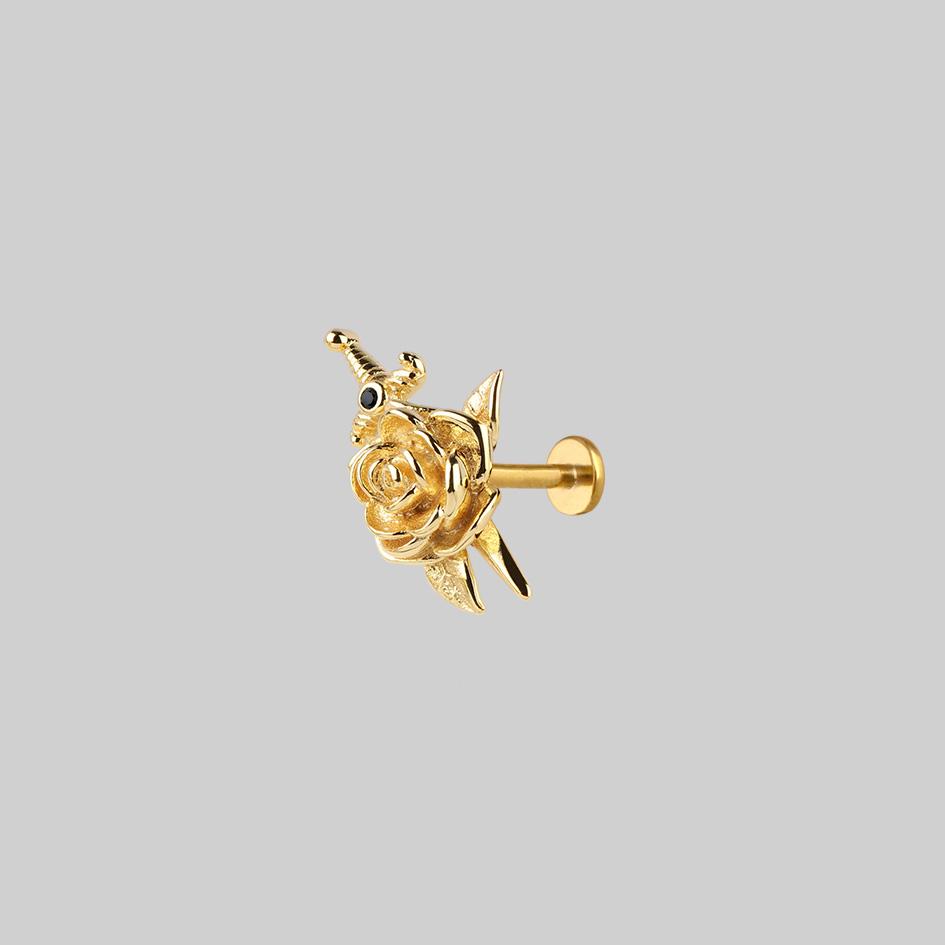 RHAPSODY Dagger Through Rose Stud Earrings - 14K Gold Plated Gothic Jewelry for Women | Perfect for Valentine's Day, Date Night & Punk Fashion