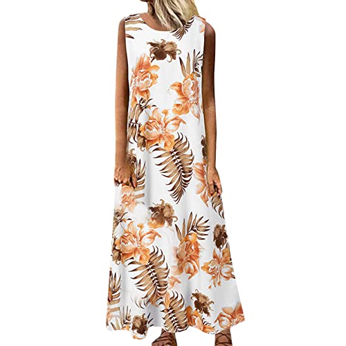 Women's Floral Print Sleeveless Maxi Dress - Lightweight Loose Fit Summer Casual Long Dress for Beach, Vacation & Outdoor Activities (White, Size S)