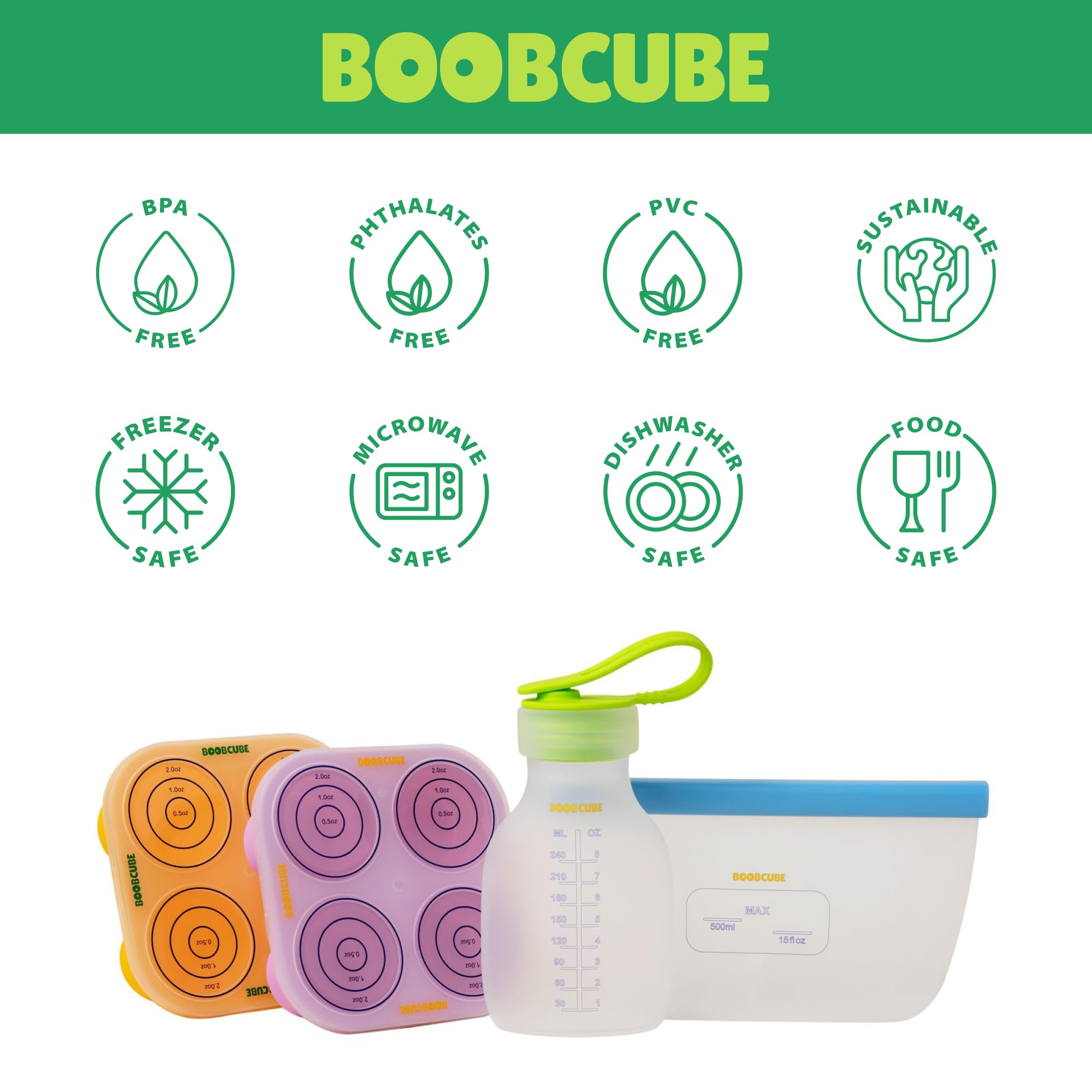 **BoobCube Breastmilk Storage Reusable Freezer Trays with Lid - 4pcs Baby Food Cube Kit (0.5/1/2 Oz) - Ultra Leak-Proof Silicone Storage Tray & Reusable Bags - Perfect for Pumping, Storing, and Organizing Breastmilk**
