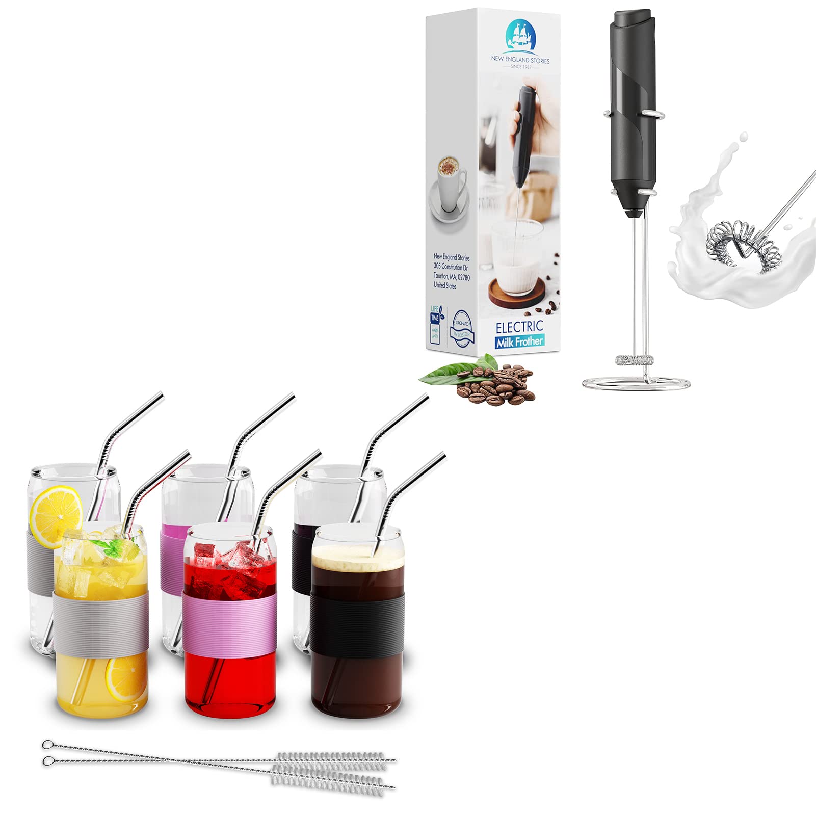 Electric Milk Frother Handheld - Mini Drink Mixer for Coffee, Cappuccino, Latte, Matcha & Hot Chocolate | 6pc Set with 16oz Can-Shaped Glass Cups, Straws & Silicone Sleeves | Perfect for Home Baristas, Coffee Shops & Gifts