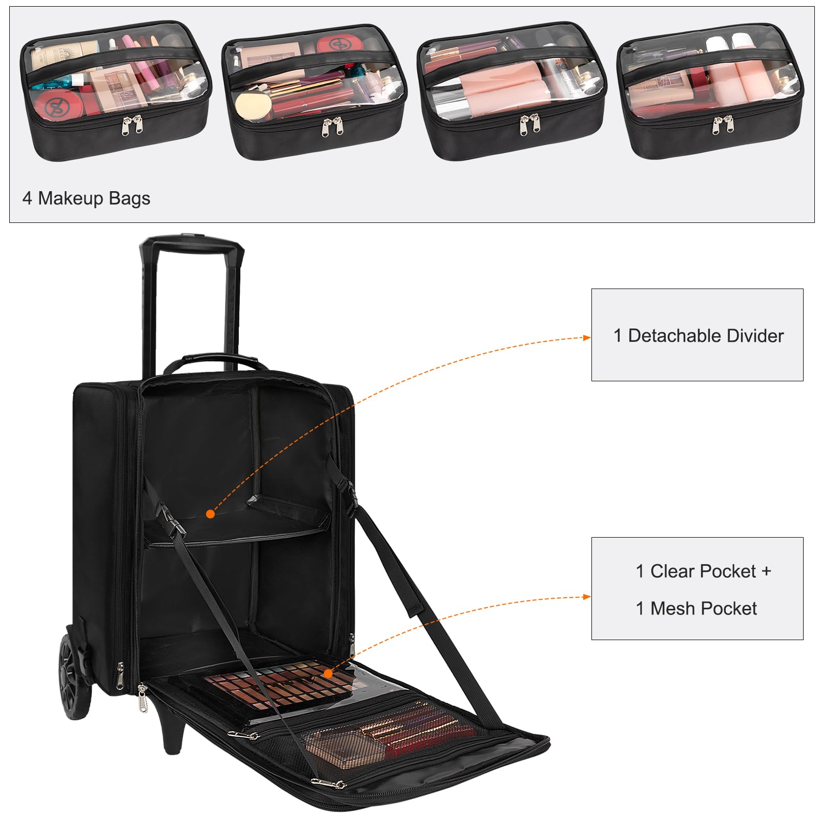 Professional Rolling Makeup Case - Extra Large Travel Cosmetic Organizer with 4 Removable Bags | Portable Makeup Train Case for Artists & Beauty Enthusiasts | Perfect for Salon, Bridal, On-Set & Travel Makeup Storage
