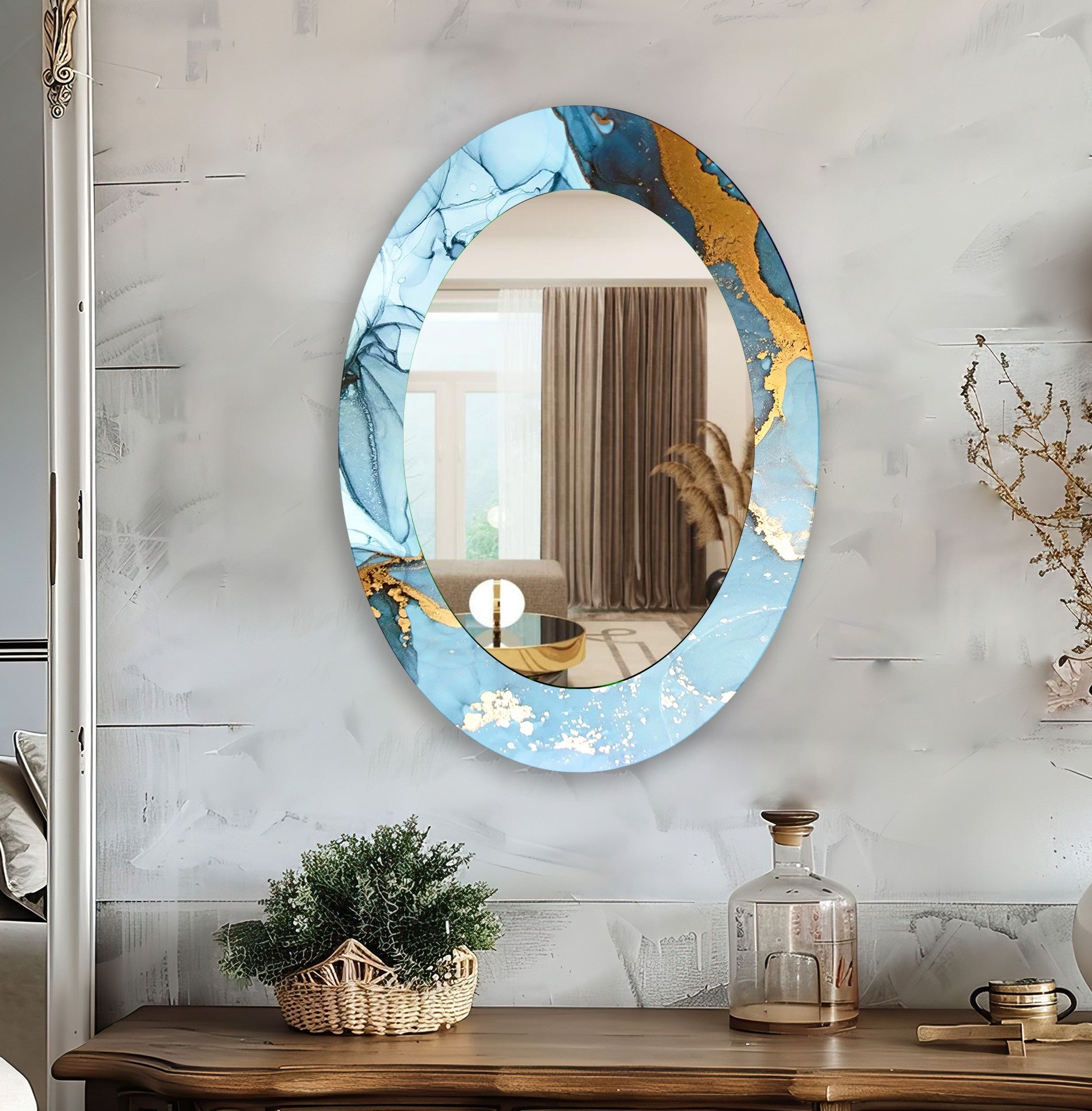 Stylish Blue Oval Wall Mirror - Elegant Home Decor for Living Room, Bedroom & Bathroom - Perfect for Vanity, Entryway & Interior Design