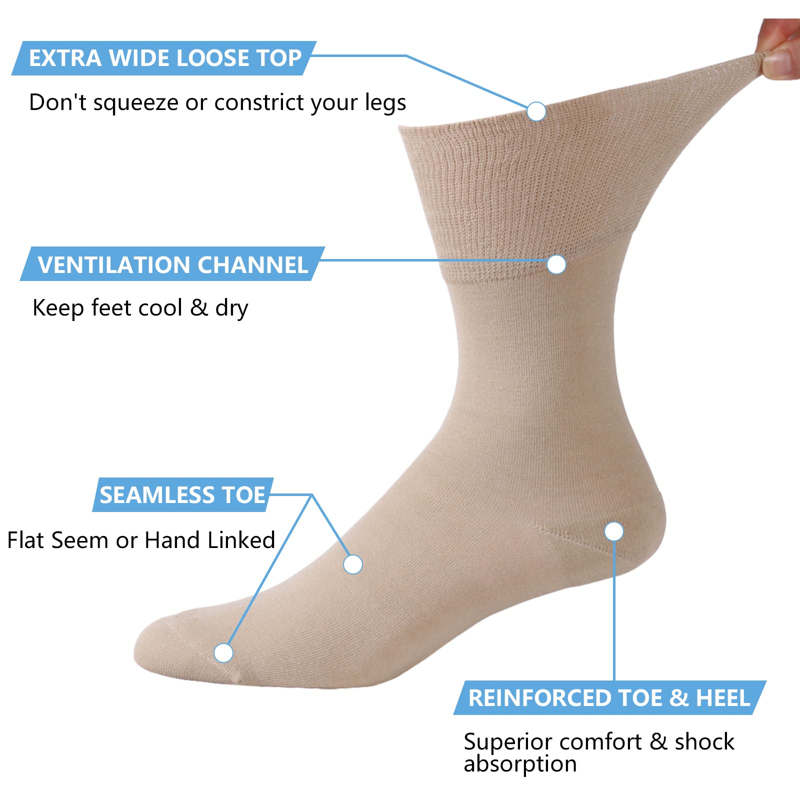 Forcool Non-Binding Diabetic Socks for Men & Women - Breathable Cotton Crew Socks for Circulation, M/L/XL (3/6 Pairs) - Perfect for Diabetes, Swelling & All-Day Comfort at Home or Work