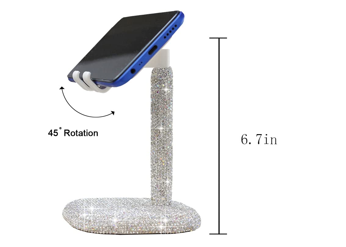 Sparkling Rhinestone Crystal Phone Stand - Adjustable Desktop Holder for iPhone, Samsung & Smartphones - Elegant Desk Accessory for Home, Office & Travel (White)