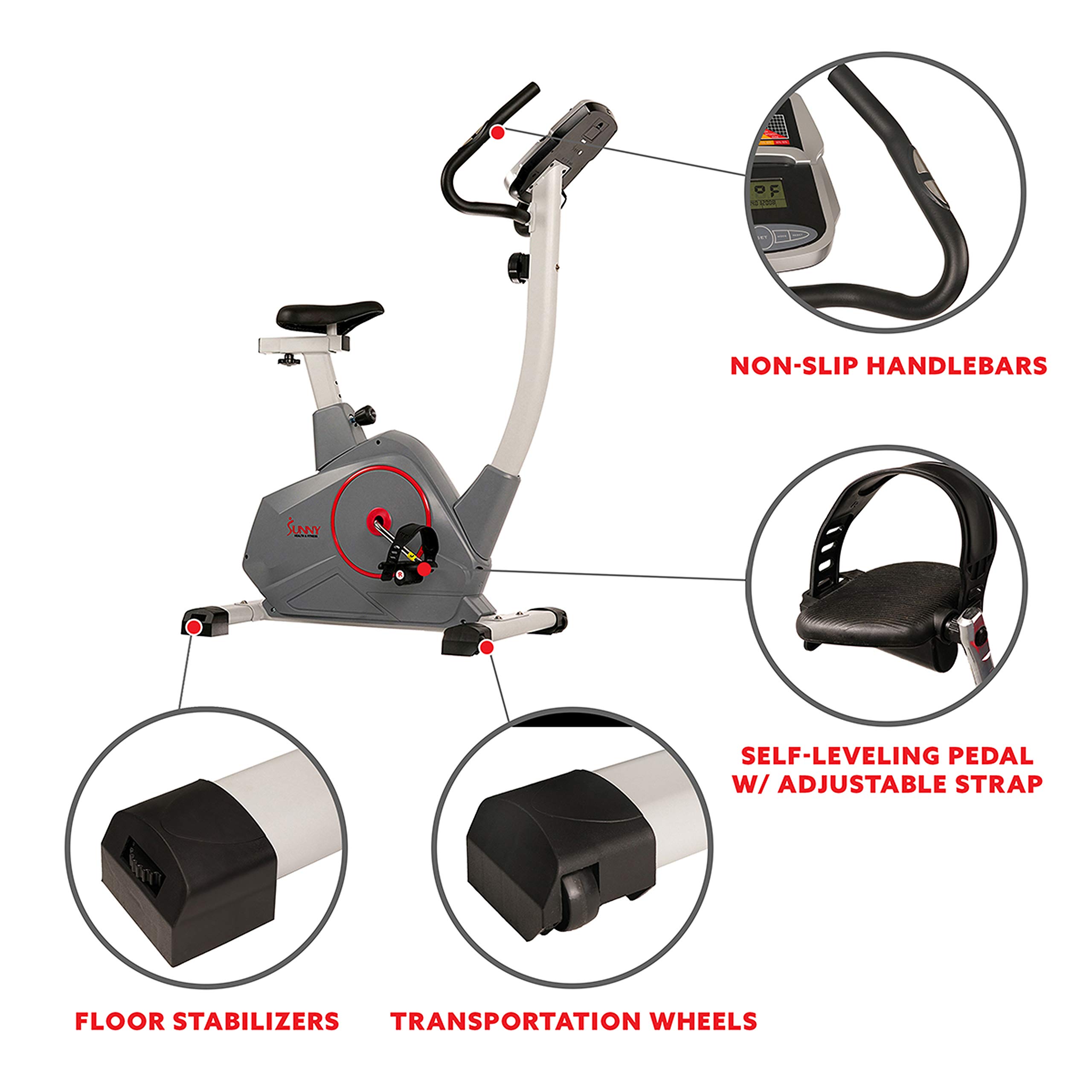 Sunny Health & Fitness Stationary Exercise Bike with Pulse Sensor, 4-Way Adjustable Seat & Bluetooth Connectivity - Home Cardio Workout Machine with Optional Resistance Bands & Free SunnyFit App - Perfect for Indoor Cycling, Weight Loss & Home Gym Training