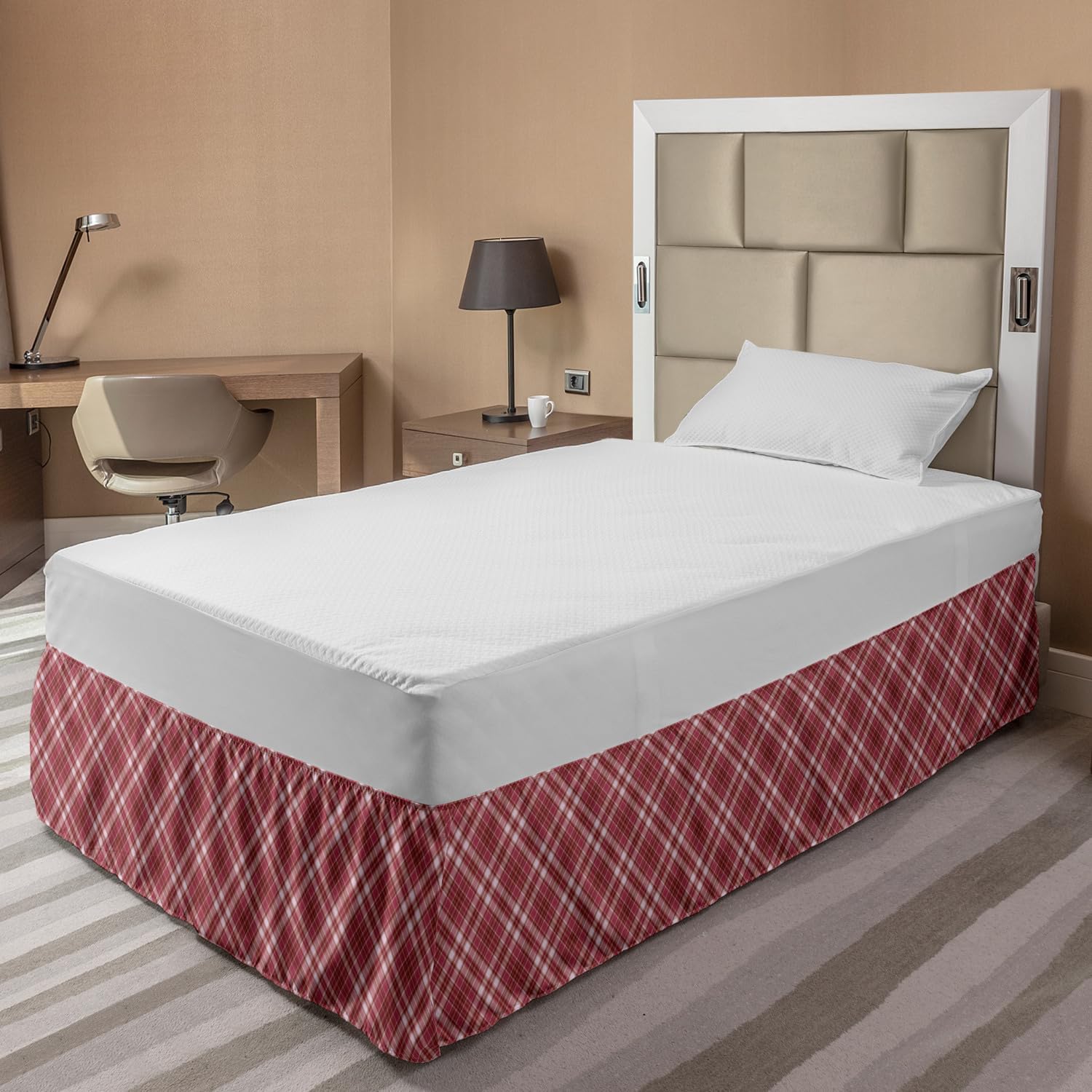 Ambesonne Checkered Bed Skirt - Diagonal Striped & Rhombus Pattern in Rose Tones, Elastic Wrap Around Gathered Design for Full Size Beds | Perfect for Bedroom Decor & Guest Room Styling