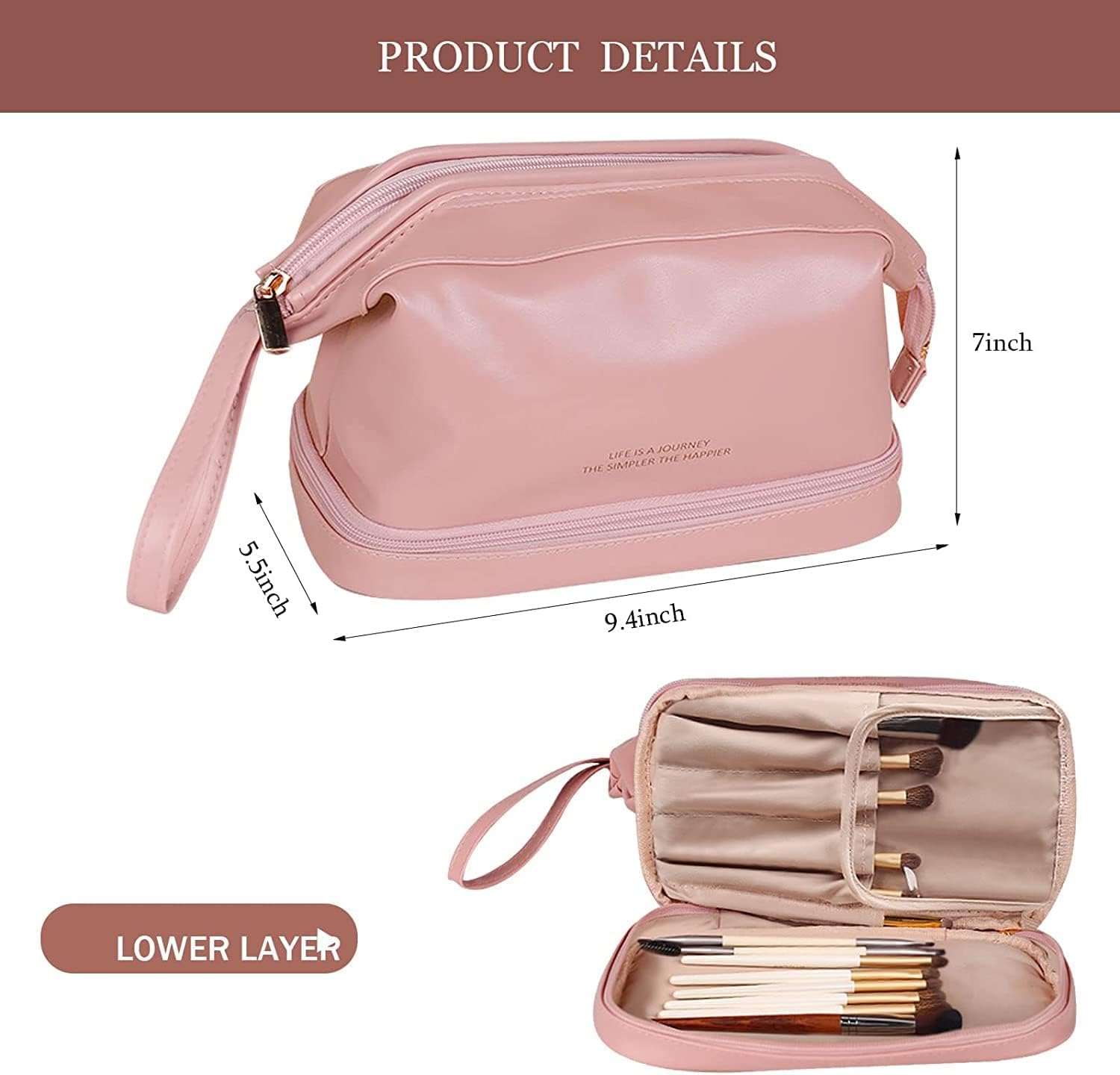 Styxon Travel Makeup Bag for Women - Double Layer Waterproof Leather Cosmetic Organizer with Large Zipper, Portable Toiletry Pouch for Girls (Pink) - Perfect for Travel, Gym, Vacation & Daily Use