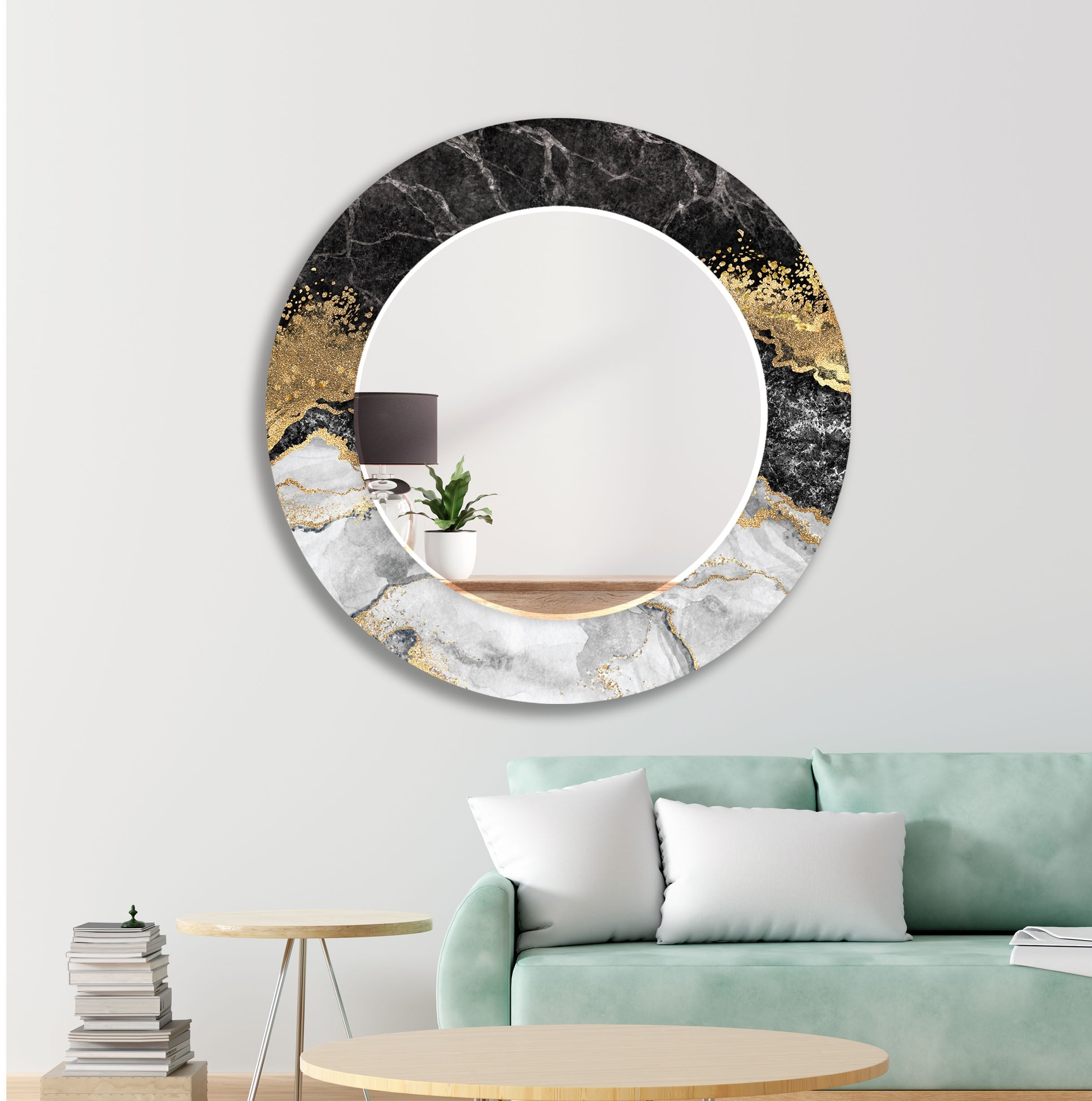 Elegant Black Marble Gold Frame Wall Mirror - Modern Home Decor for Living Room, Bedroom & Entryway