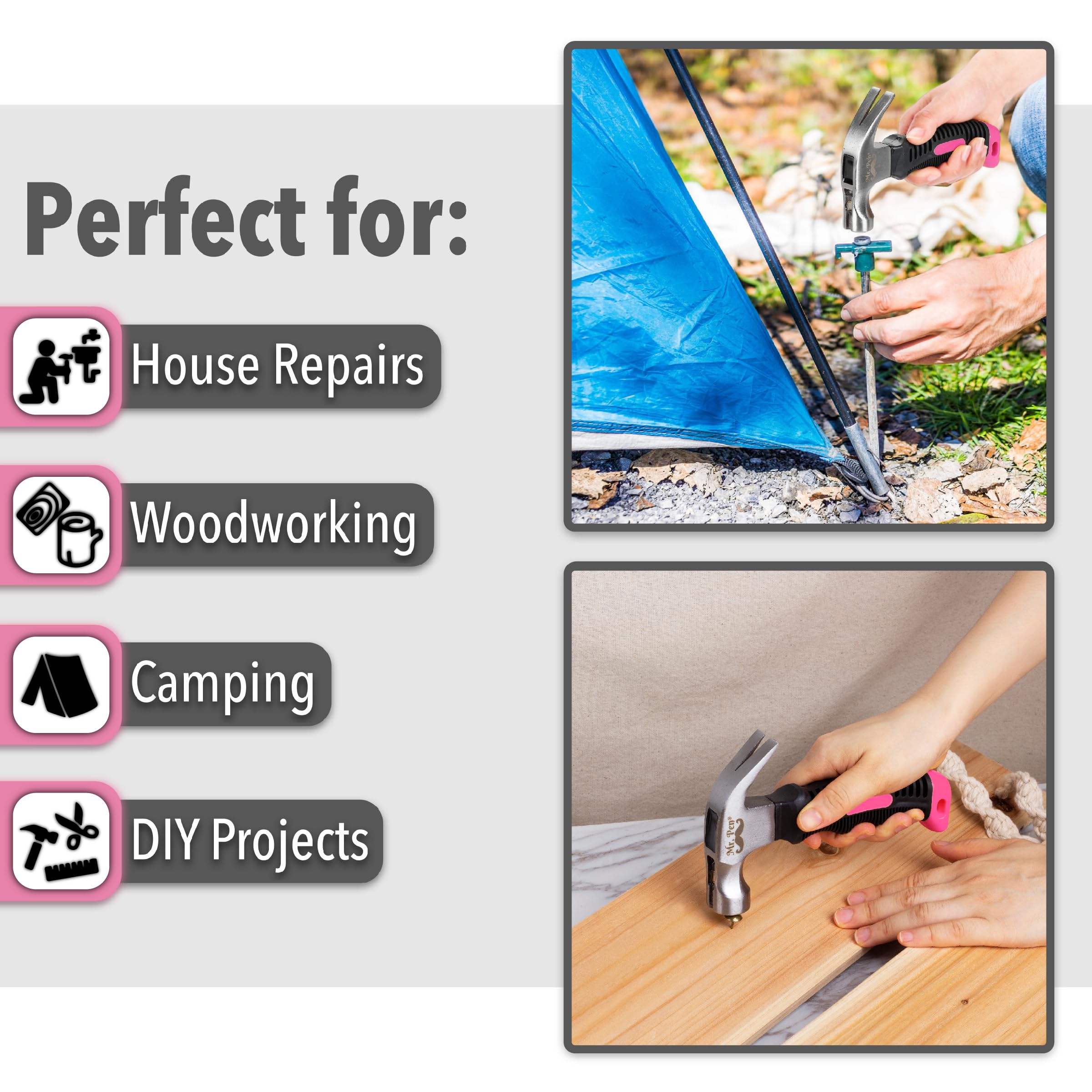 Mr. Pen 8oz Pink Camping Hammer with Claw, Stubby Design & Magnetic Head - Lightweight Nail Hammer for Women & Men - Perfect for DIY Projects, Home Repairs & Outdoor Adventures