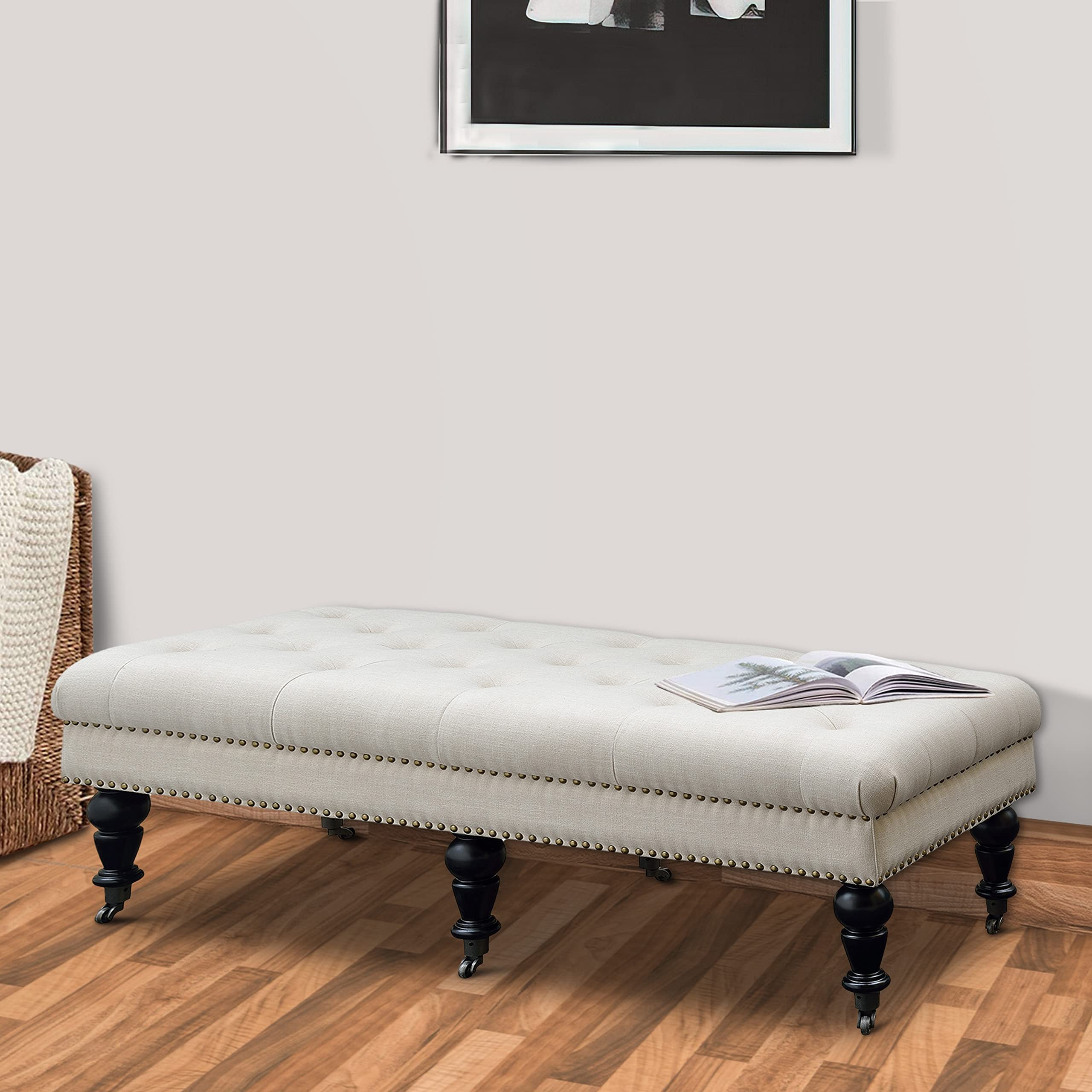 Benjara Button Tufted Bench with Caster Wheels - Upholstered Storage Ottoman in Black & Beige | Perfect for Living Room, Bedroom, or Entryway Seating