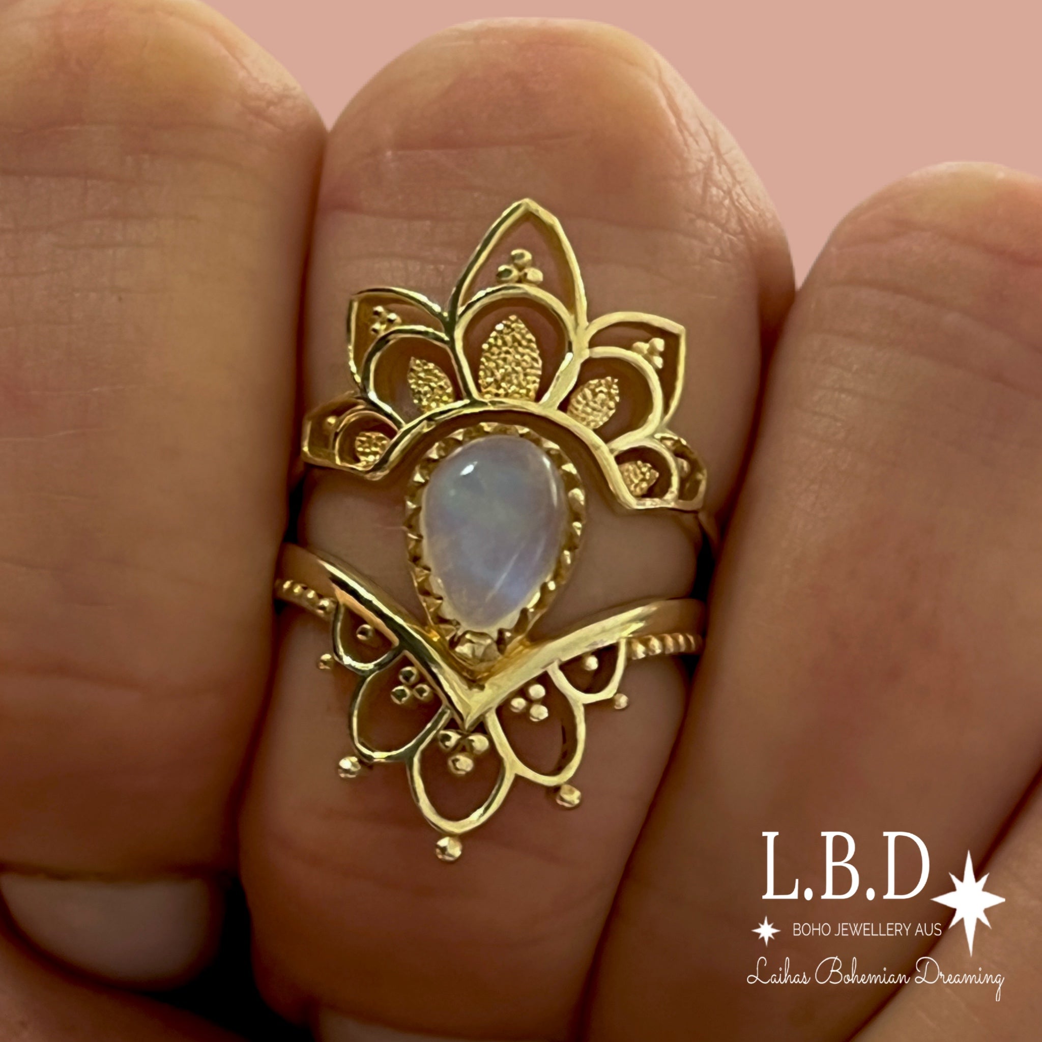 14K Gold Moonstone Ring Set - Gold Vermeil Daisy Boho Moonstone Rings for Women - Perfect for Boho Chic, Wedding, and Everyday Wear