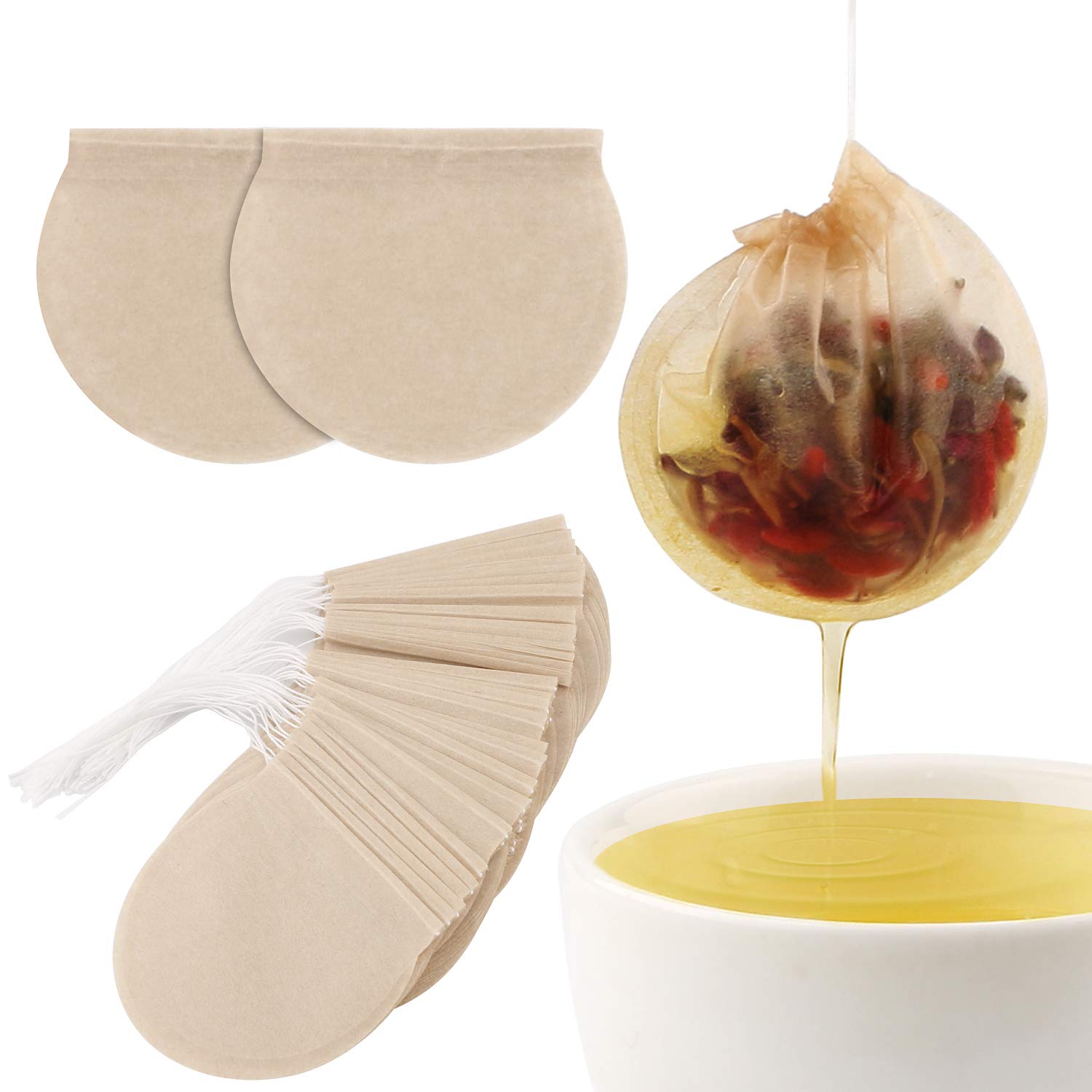 300pcs Disposable Empty Tea Filter Bags - Natural Safe Drawstring Tea Infuser for Loose Leaf Herbs & Teas (Round Shape) - Perfect for Home Brewing, Office Tea Time & Gift Packaging