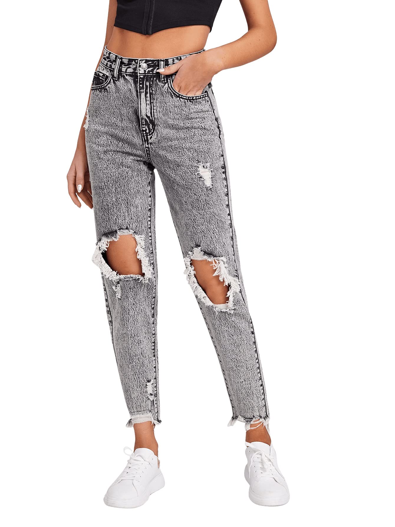 SweatyRocks Women's High Waist Ripped Jeans - Distressed Raw Hem Denim Pants for Casual Wear & Street Style | Trendy Vintage Look for Everyday Outfits & Night Out