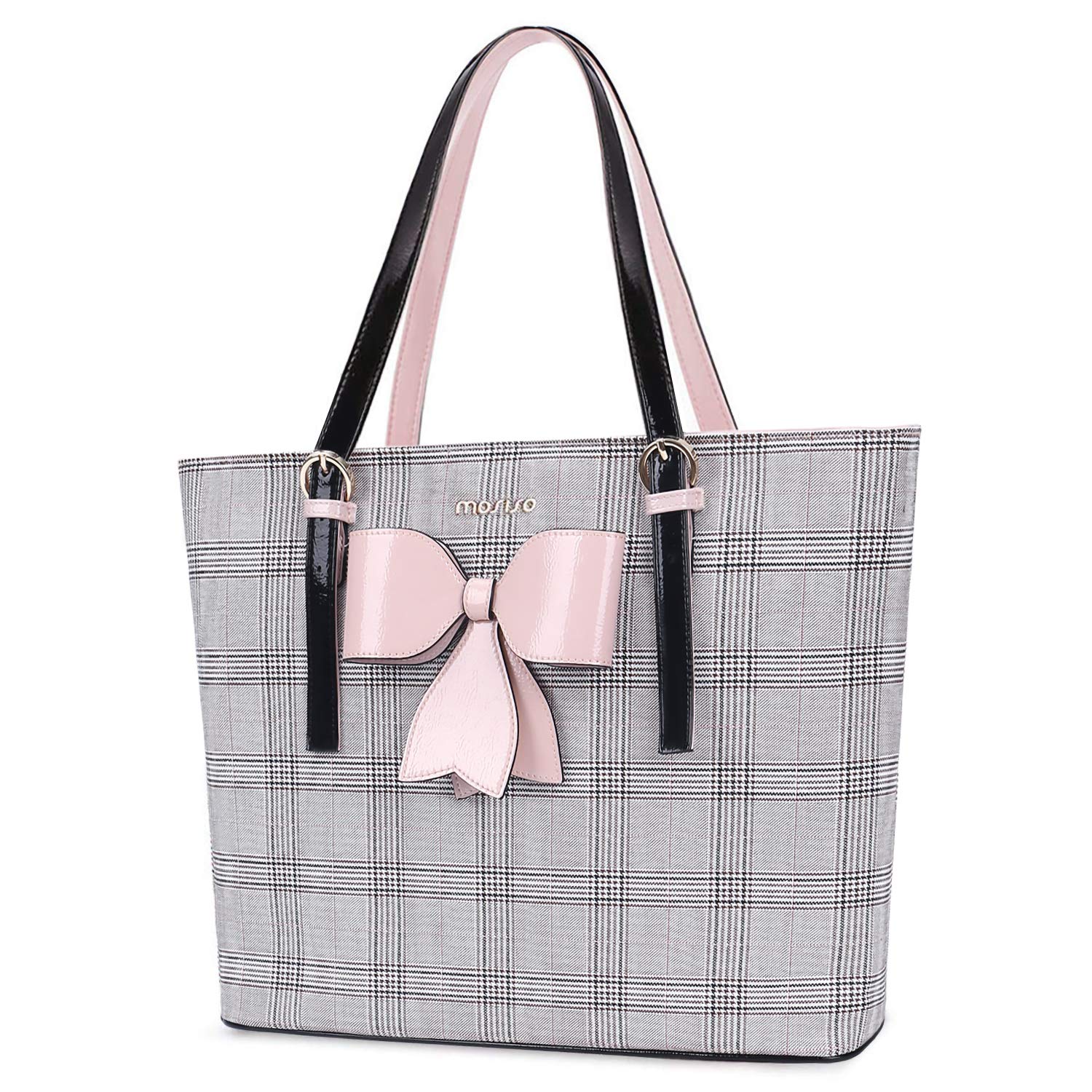 MOSISO Premium PU Leather Laptop Tote Bag for MacBook Pro 14 inch M4/M3/M2/M1 & MacBook Air/Pro 13-13.3 inch - Large Capacity Work Bag with Grid Design (MO-GID002LTBR) - Perfect for Business, Travel & Daily Commute