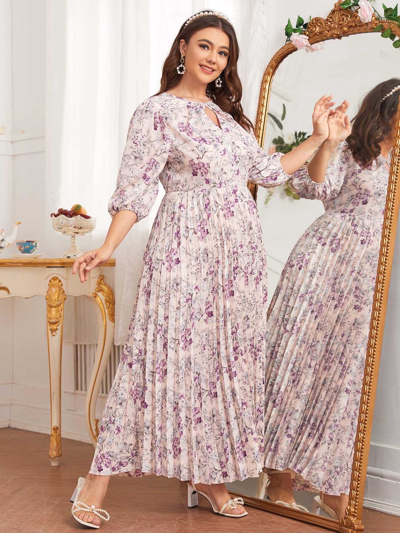 Plus Size Floral Pleated Dress for Women - Elegant Long Sleeve Keyhole Neck Maxi Dress in Multicolor (X-Large) | Perfect for Weddings, Parties & Special Occasions