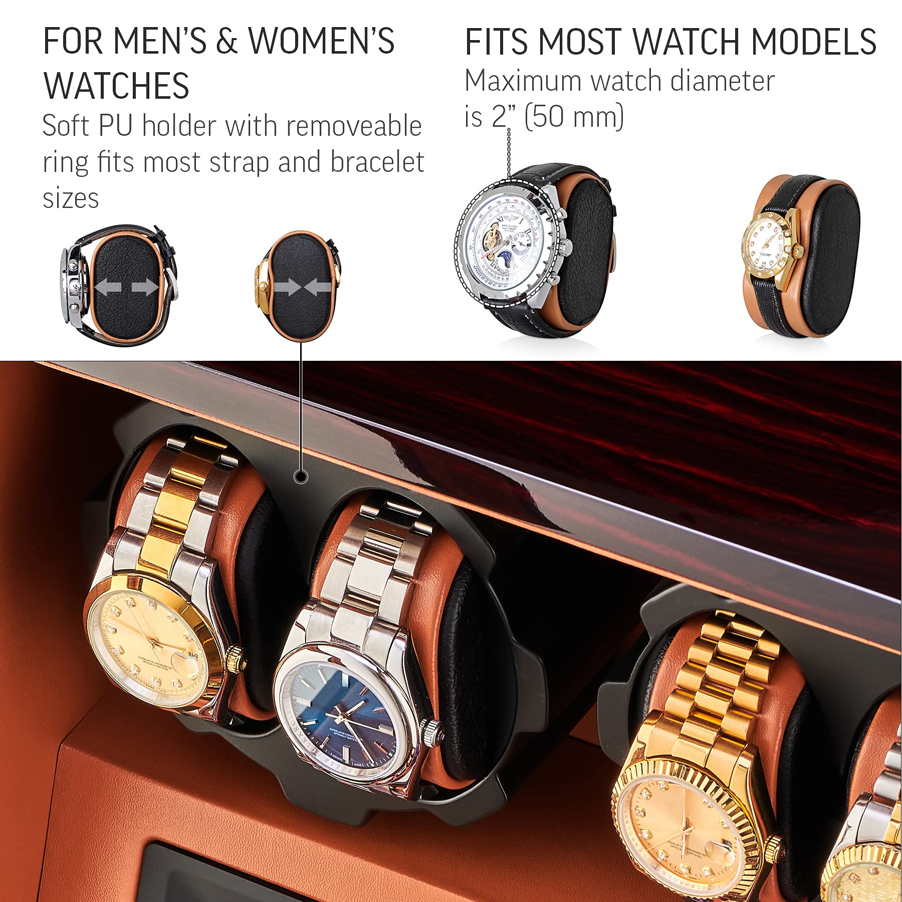 4 Watch Winder with 5 Watch Storage Space - LCD Display, Touch Control & LED Interior Light | Automatic Watch Winder for Automatic Watches | Perfect for Watch Collectors & Luxury Watch Storage