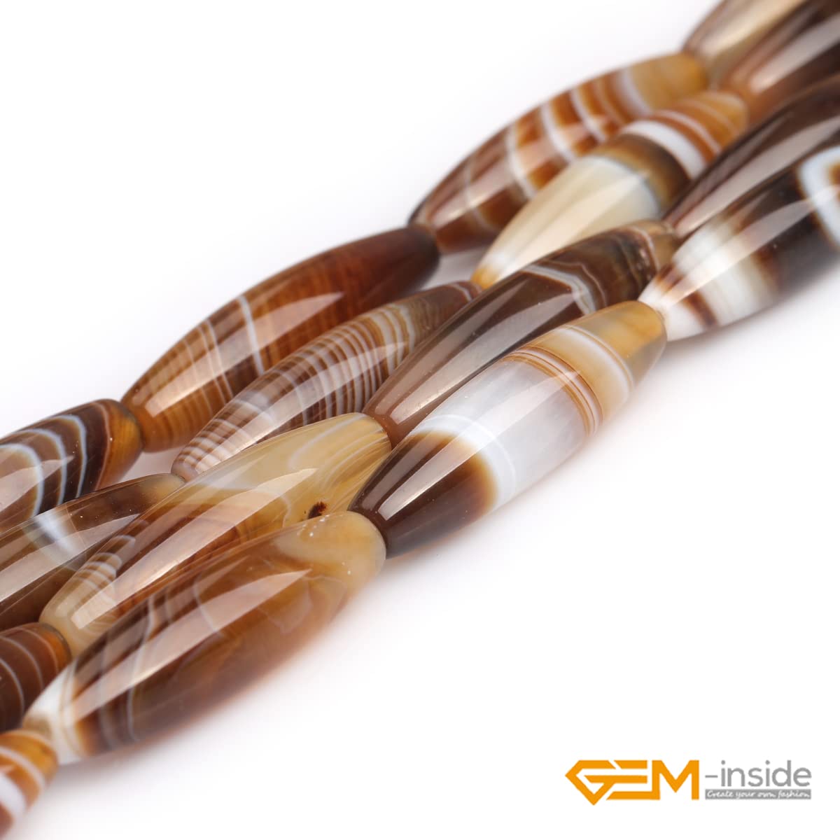 Natural Brown Botswana Onyx Agate Stone Beads 8x30mm - Semi-Precious Rice Olive Oval Beads for Jewelry Making, DIY Crafts, Chakras Healing & Meditation - 15