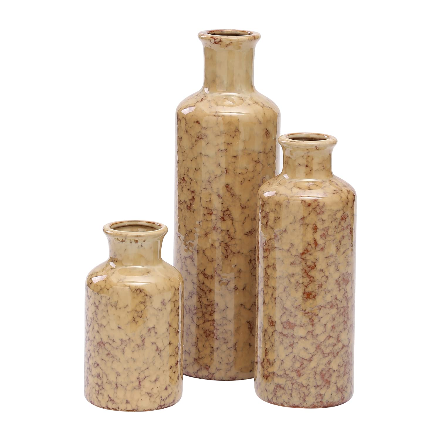 Modern Ceramic Vase Set of 3 - Boho Farmhouse Flower Vases for Centerpieces, Home Decor, Living Room, Bedroom & Shelf Display | Small Decorative Vases for Fresh Flowers, Mantel Decor | Perfect for Wedding, Housewarming & Rustic Interior Design (Khaki)