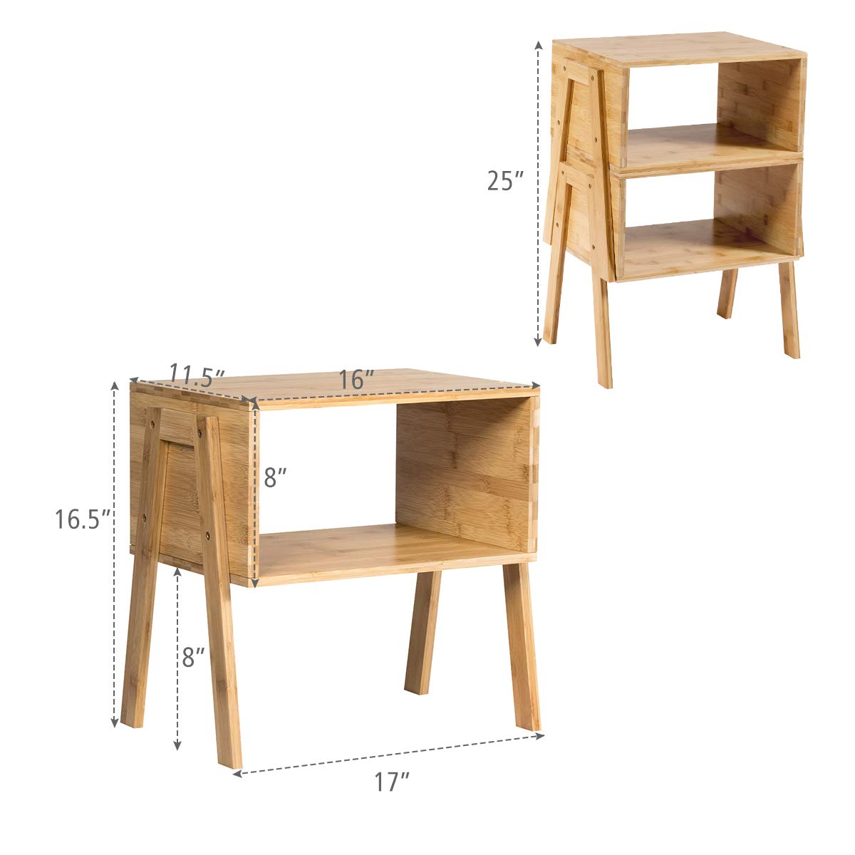 GORELAX Set of 2 Bamboo Nightstands with Open Storage Shelf - Stackable Narrow Rectangular Rustic Wood End Tables for Small Spaces - Perfect for Bedroom, Living Room, Apartment & Dorm Organization