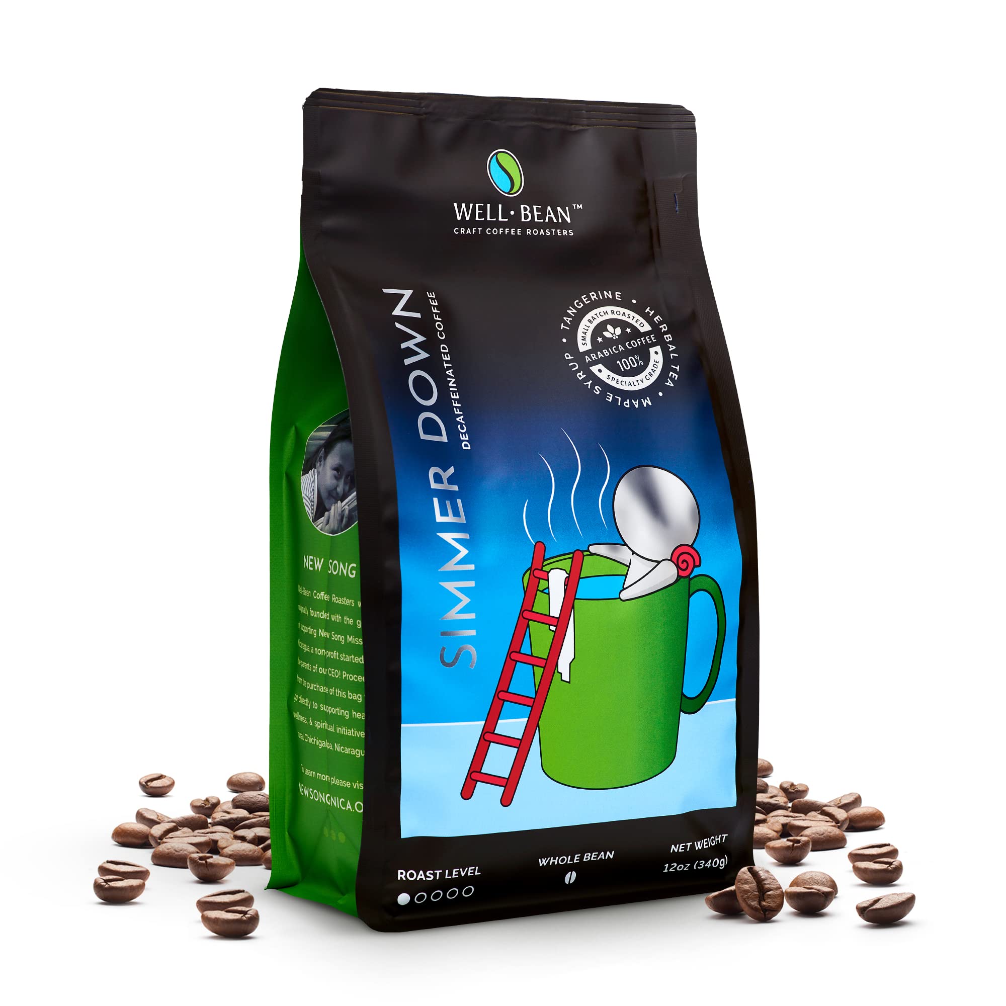 Well-Bean Coffee - Premium Colombian Decaf Whole Bean Coffee, Swiss Water Processed, Light Roast, Vegan Friendly, 12 oz - Perfect for Home Brewing, Office Use & Gifts