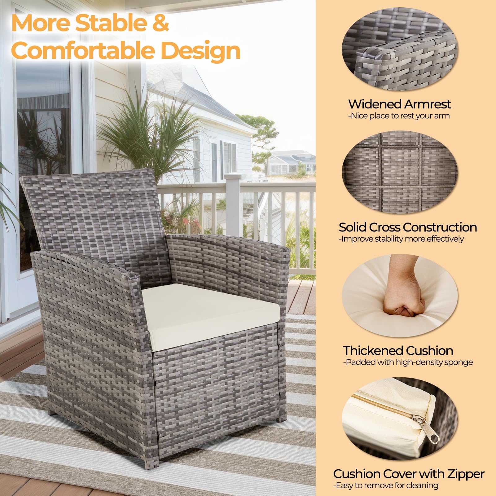 4-Piece Outdoor Patio Furniture Set - All-Weather Wicker Rattan Conversation Set with Table, Chairs & Loveseat Cushions for Balcony, Porch, Backyard (Gray-Beige) | Perfect for Garden Relaxation & Outdoor Entertaining