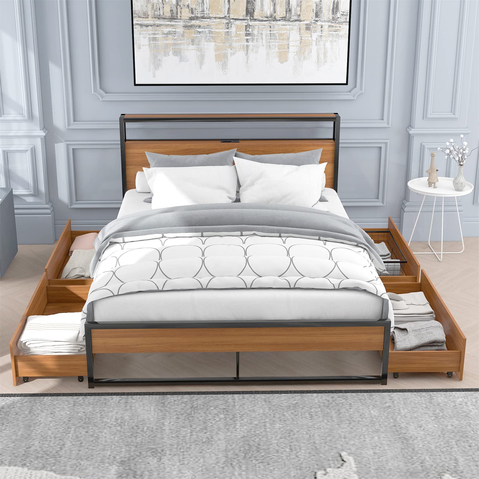 VERYKE Full Metal Bed Frame with Wooden Headboard - Sturdy Platform Bed with 4 Storage Drawers, Built-in USB Ports & Power Outlets - No Box Spring Required - 14 Reinforced Steel Slats (Black/Brown) - Perfect for Small Bedrooms, Guest Rooms & Studio Apartments