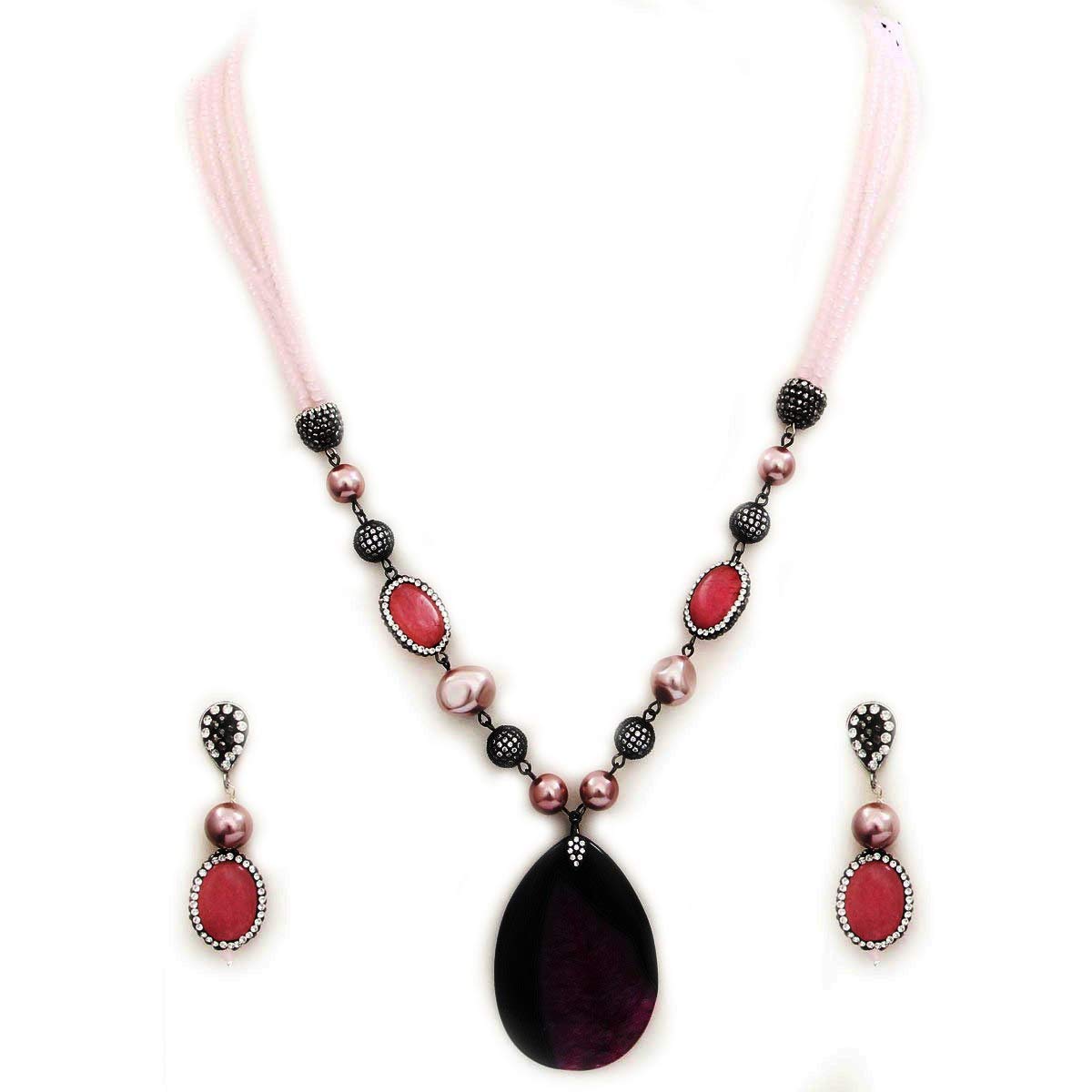 Handmade Gemstone Beaded Necklace & Earrings Set for Women | Multi-Strand Ethnic Jewelry with Semi-Precious Stones | Perfect for Parties, Weddings & Boho Fashion