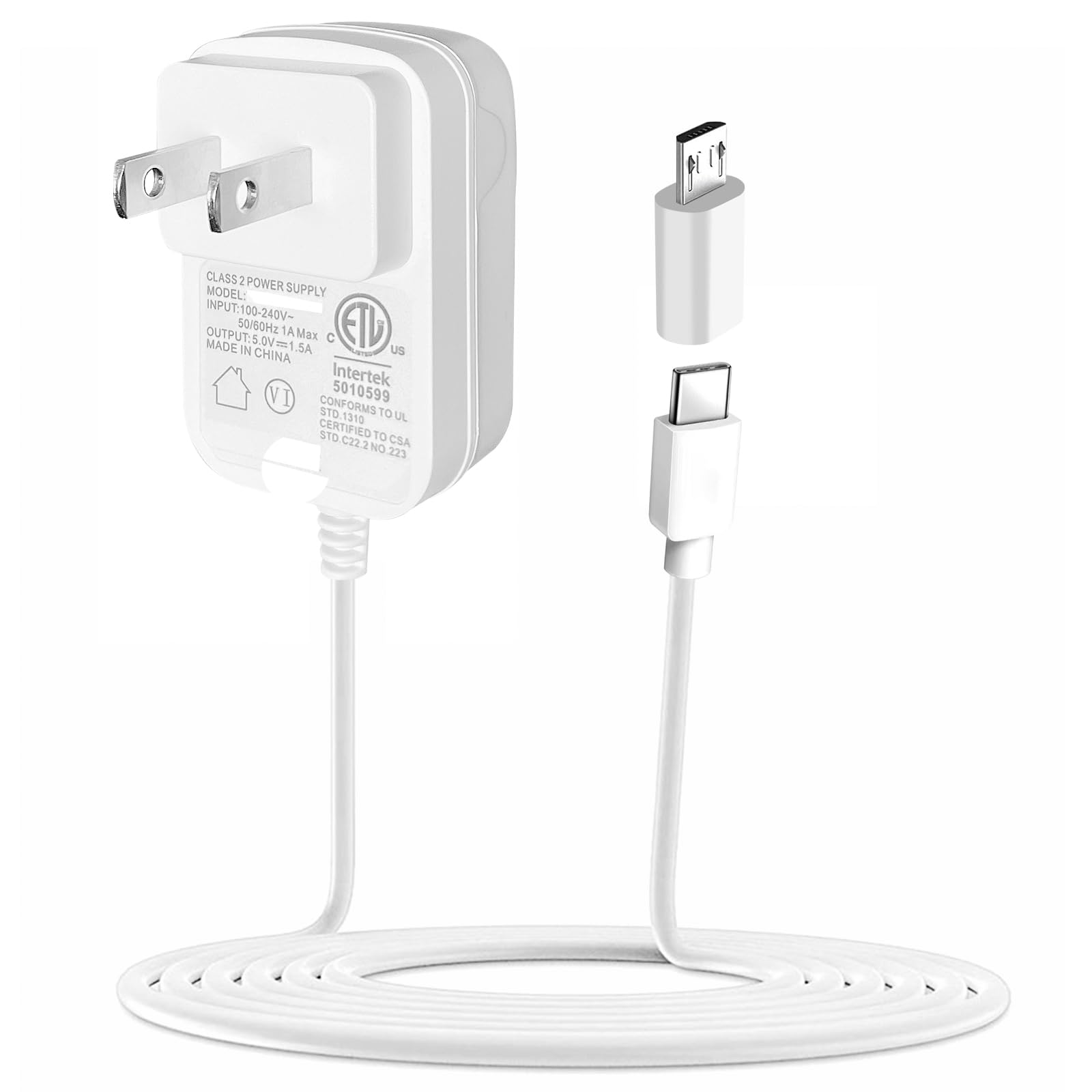 5V 1.5A Power Adapter with USB-C & Micro USB Ports - ETL Certified Wall Charger for Smartphones, Tablets, LED Lights - Perfect for Home, Office & Travel Use