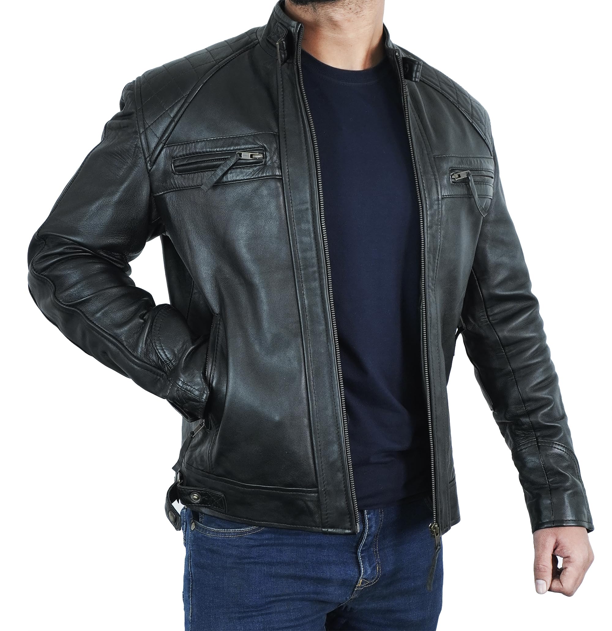 Quilted Biker Men's Leather Jacket - Genuine Lambskin Moto Style Cafe Racer Jacket for Men | Perfect for Motorcycle Riding, Casual Outfits & Streetwear Fashion
