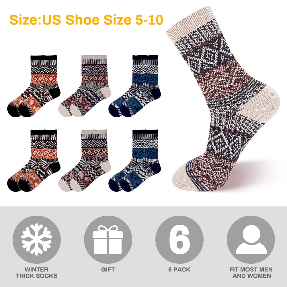 6 Pairs Warm Wool Cotton Socks for Men & Women - Unisex Winter Cabin Socks with Vintage Knit Patterns - Cozy Thermal Socks for Cold Weather, Hiking, Home & Office Wear