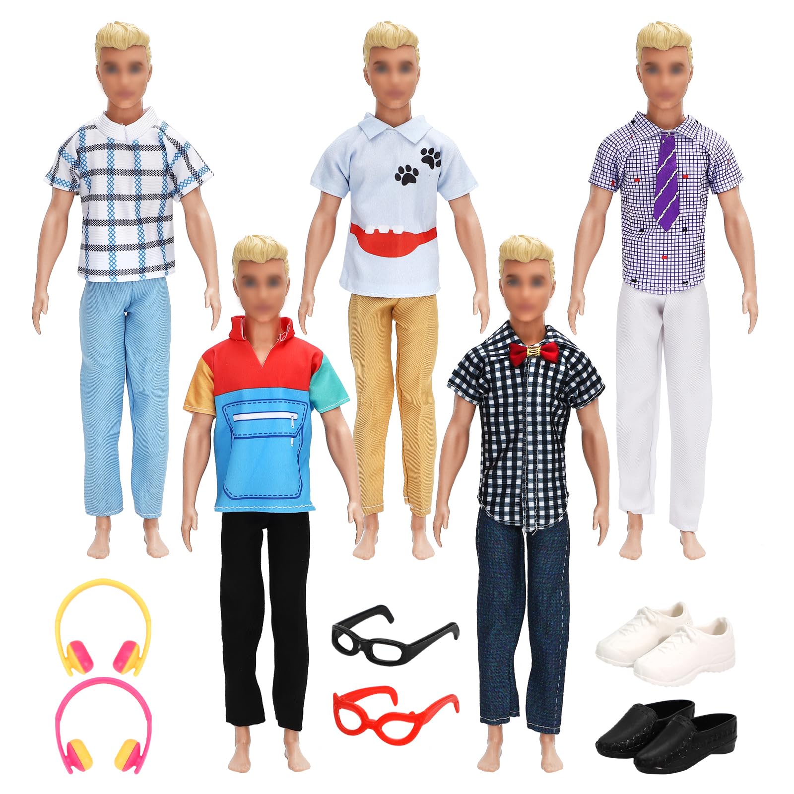 SOTOGO 18-Piece Doll Clothes & Accessories Set for 12-Inch Boy Dolls - 5 Outfits, Beach Shorts, 2 Pairs Shoes, Headset & Sunglasses - Perfect for Dress-Up, Role Play & Collectible Display