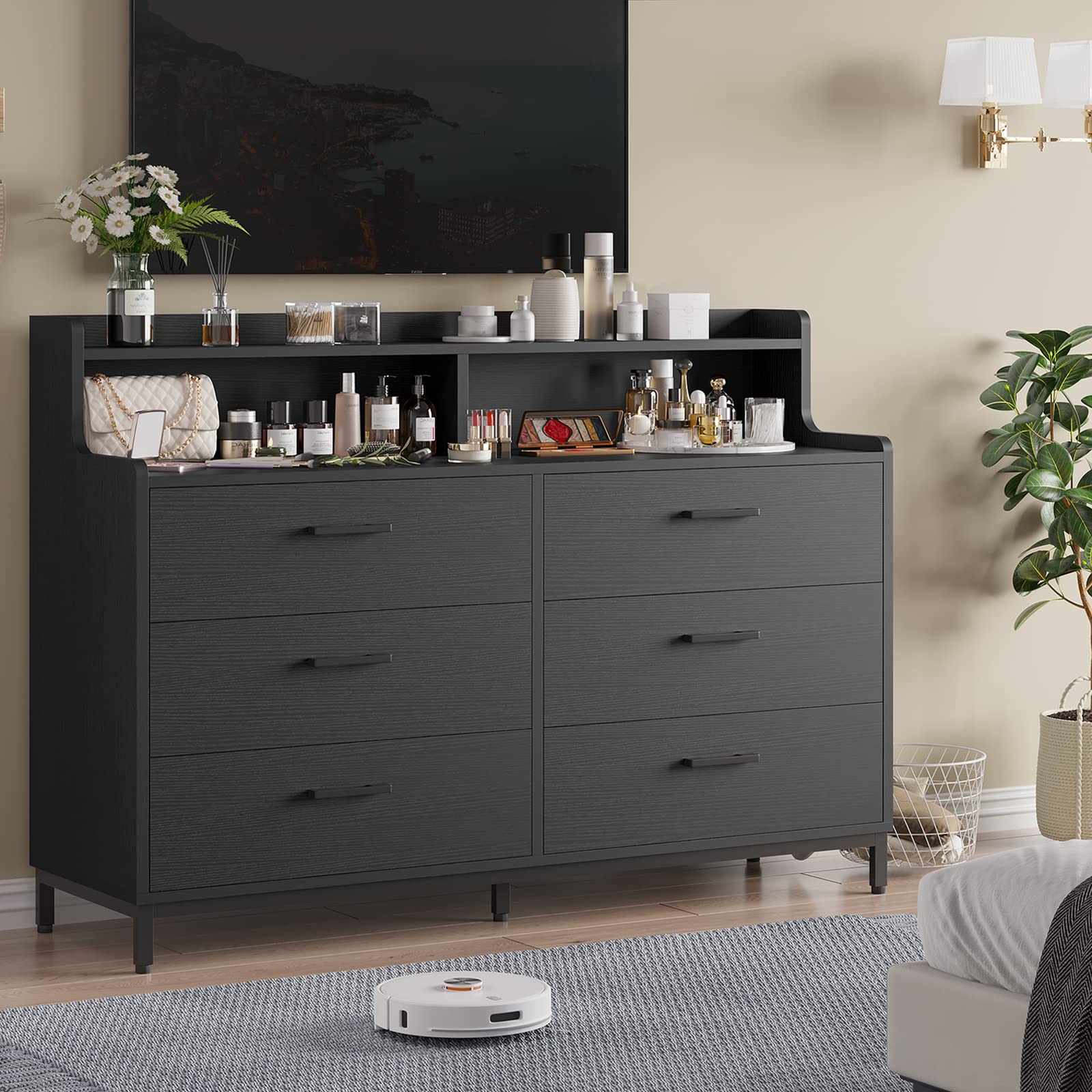 Hasuit 6-Drawer Black Dresser for Bedroom with Storage Shelves - Sturdy Steel Legs Wooden Chest Organizer - Perfect for Bedroom, Closet & Entryway Storage Solutions