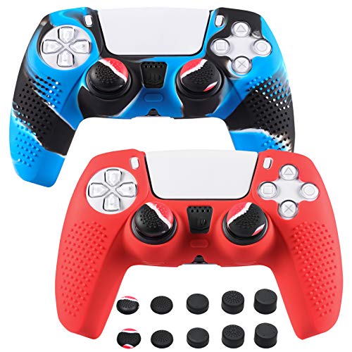 PS5 DualSense Controller Skin 2 Pack - Silicone Grip Case for Gaming (Red & Camo Blue)