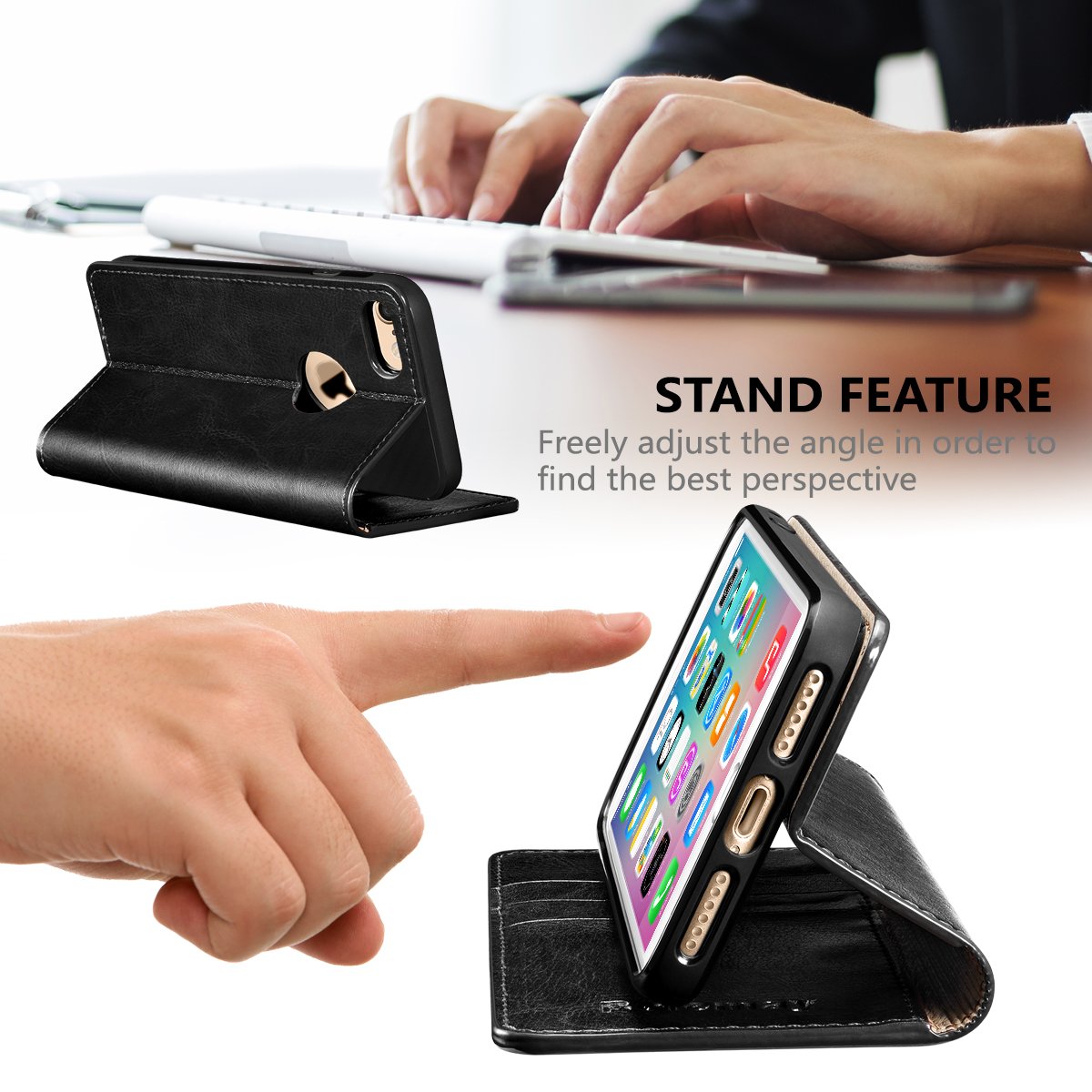 Belemay Genuine Cowhide Leather Wallet Case for iPhone 8 - RFID Blocking Flip Cover with Card Holder Slots, Kickstand & Cash Pocket (Black) | Perfect for Business Travel, Daily Commute & Hands-Free Viewing