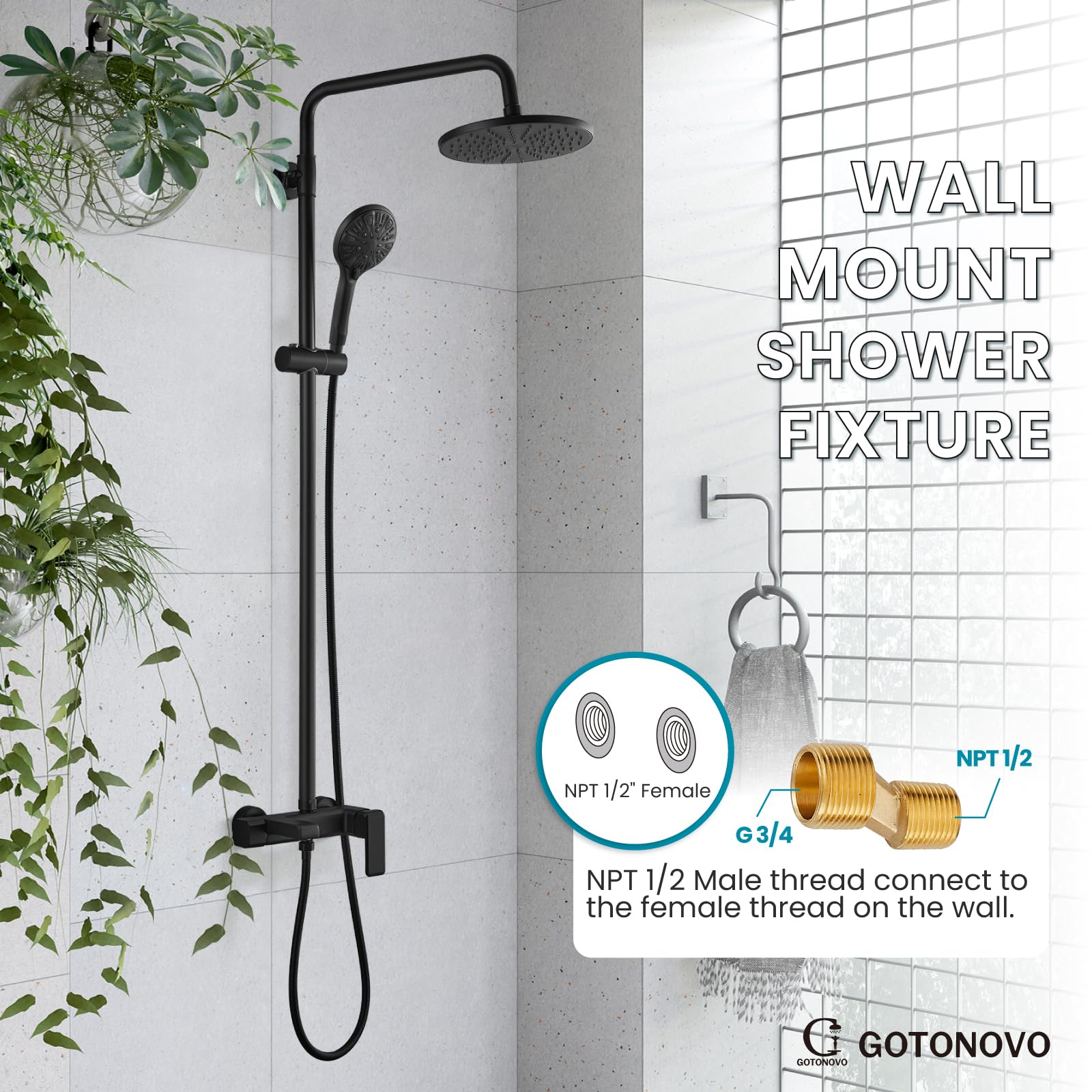 Gotonovo Matte Black 8-Inch Rainfall Shower System - Triple Function ABS Shower Head, Tub Spout & Handheld Spray Combo with Round Handle | Perfect for Modern Bathroom Renovations & Spa-Like Shower Experience
