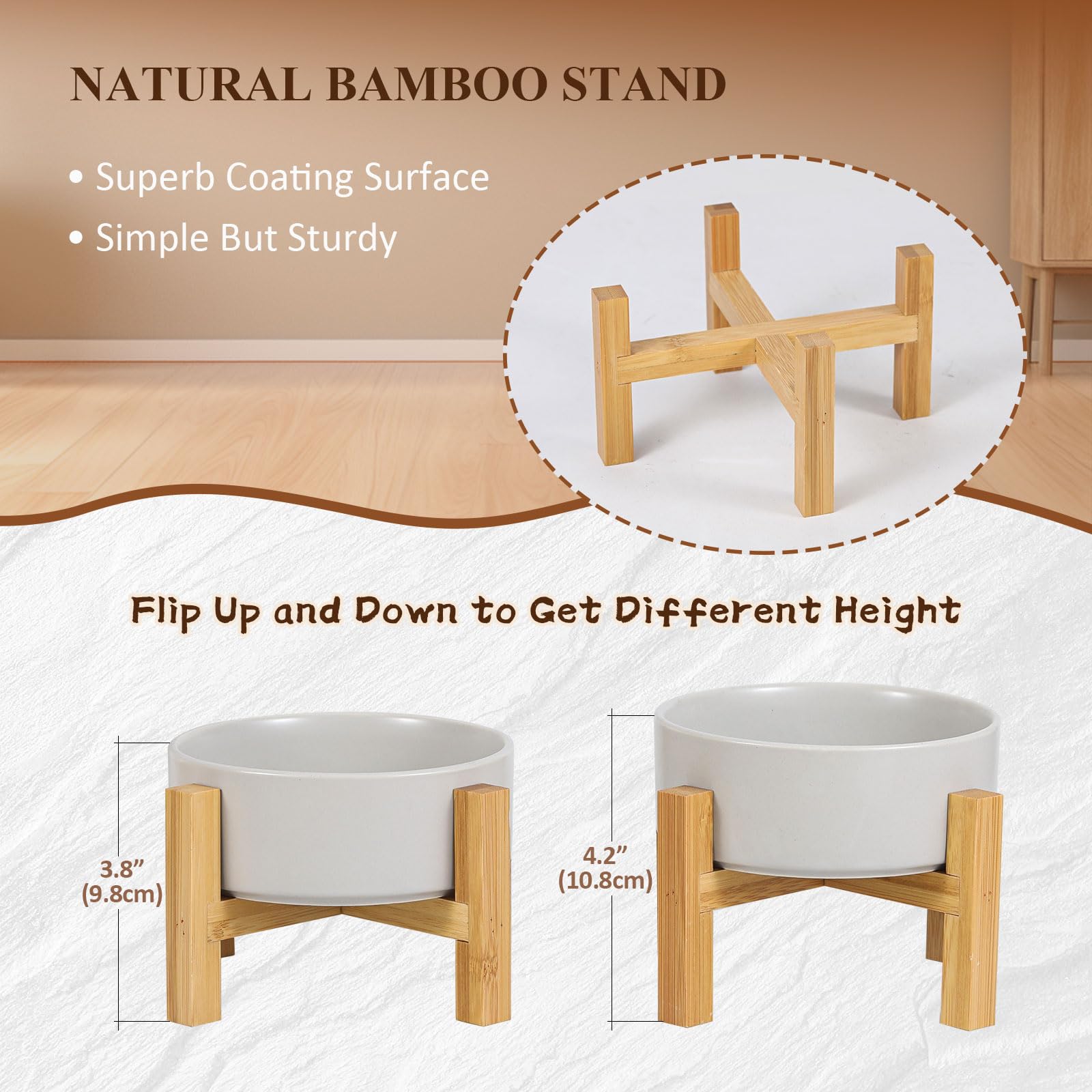 Premium Elevated Ceramic Cat Bowl with Bamboo Stand - Anti-Vomit Raised Pet Food Dish for Cats & Small Dogs - 13.5oz/400ml Grey - Perfect for Stress-Free Feeding & Digestive Health in Kittens, Senior Cats, and Small Breeds