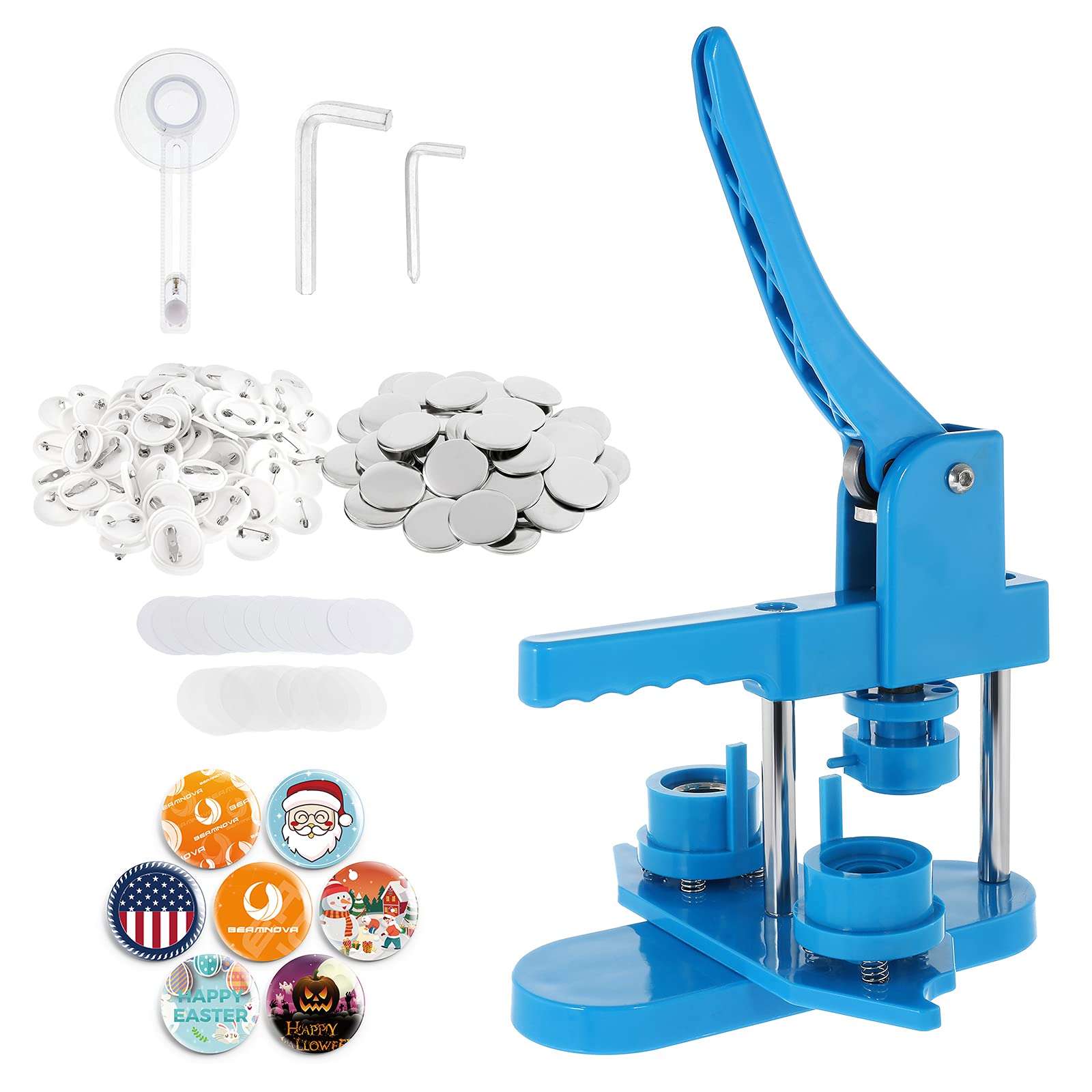 BEAMNOVA 1 Inch Button Maker Machine Kit - 25mm Round Pin Badge Maker with 200 Button Parts & Rotary Press - DIY Custom Buttons for Crafts, Events, Promotions (Blue) - Perfect for School Projects, Fundraisers, and Personalized Gifts