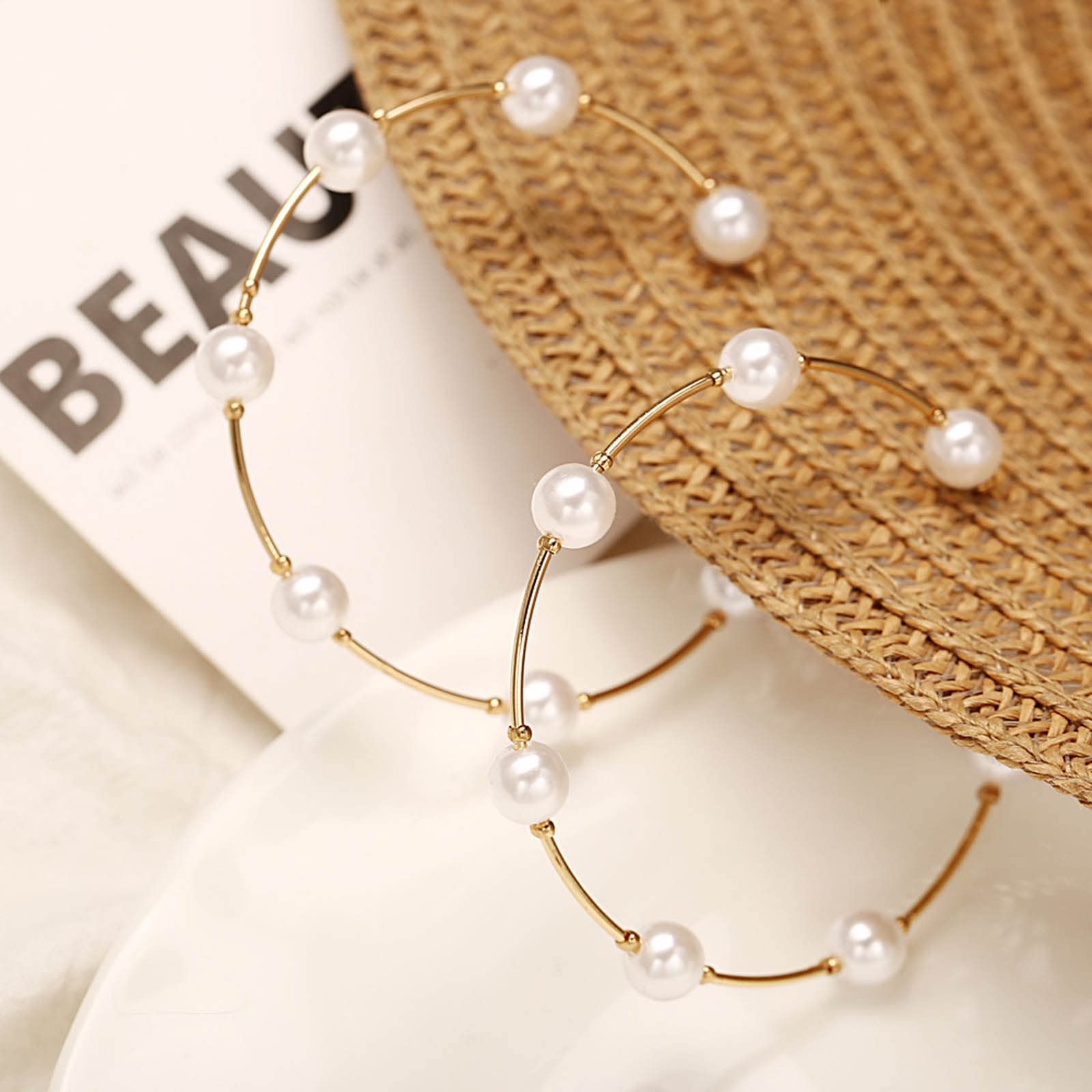 Olbye Pearl Earrings - 18K Gold Plated Geometric Drop Hoop Earrings with Beaded Charm for Women & Girls | Perfect for Weddings, Parties & Everyday Wear