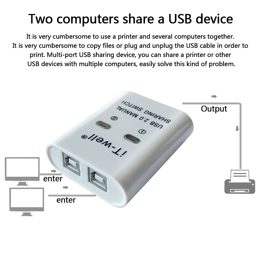 Heylulu USB Switch Selector 2-Port KVM Adapter - Share 1 USB Device Between 2 Computers for Printer, Keyboard & Mouse - White USB Printer Sharing Converter - Perfect for Home Office & Multi-PC Workstations