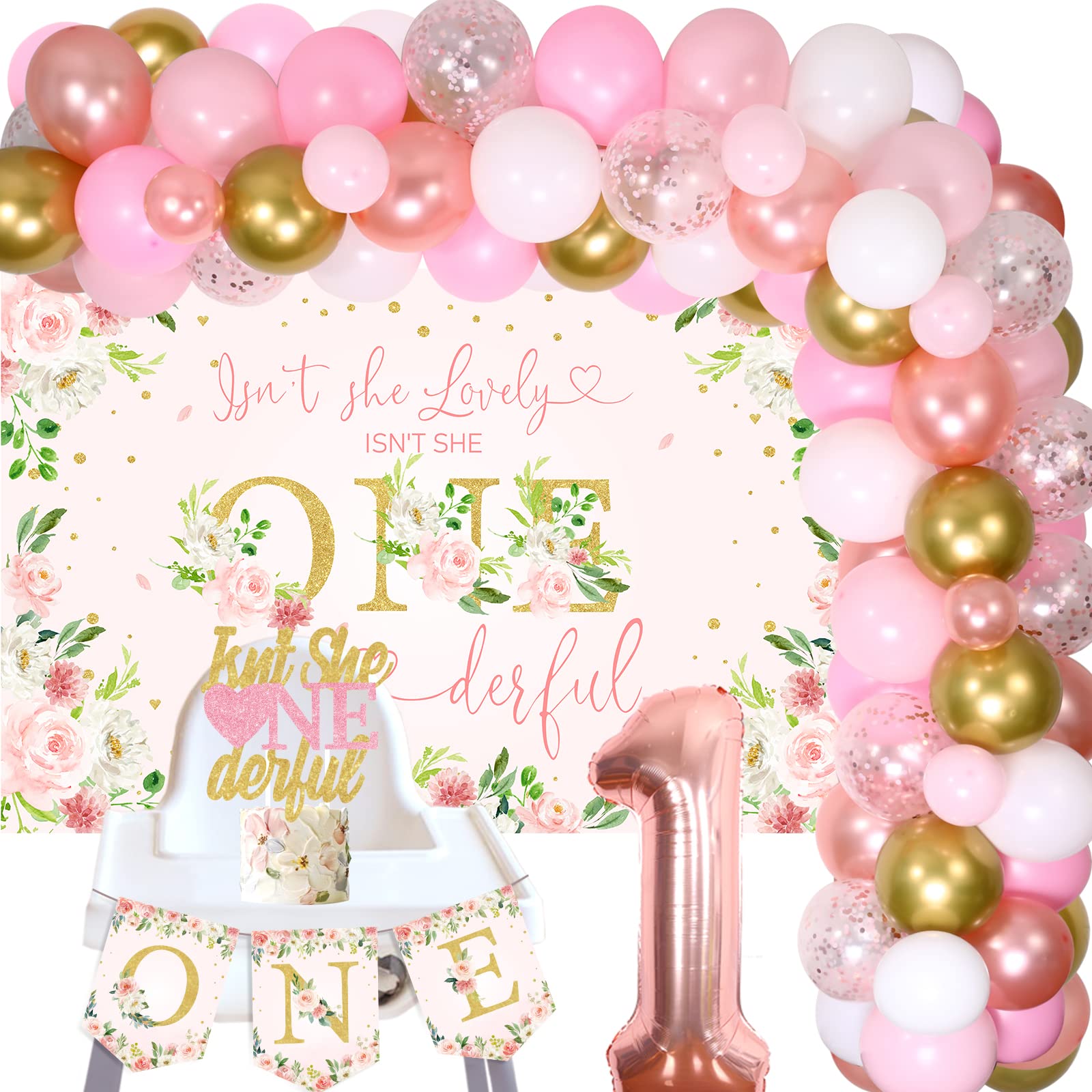 Baby Girl's 1st Birthday Floral Decorations Set - Boho Pink Rose Balloon Garland, Highchair Banner & Cake Topper | Perfect for 1st Birthday Party Backdrop, Photo Booth & Nursery Decor