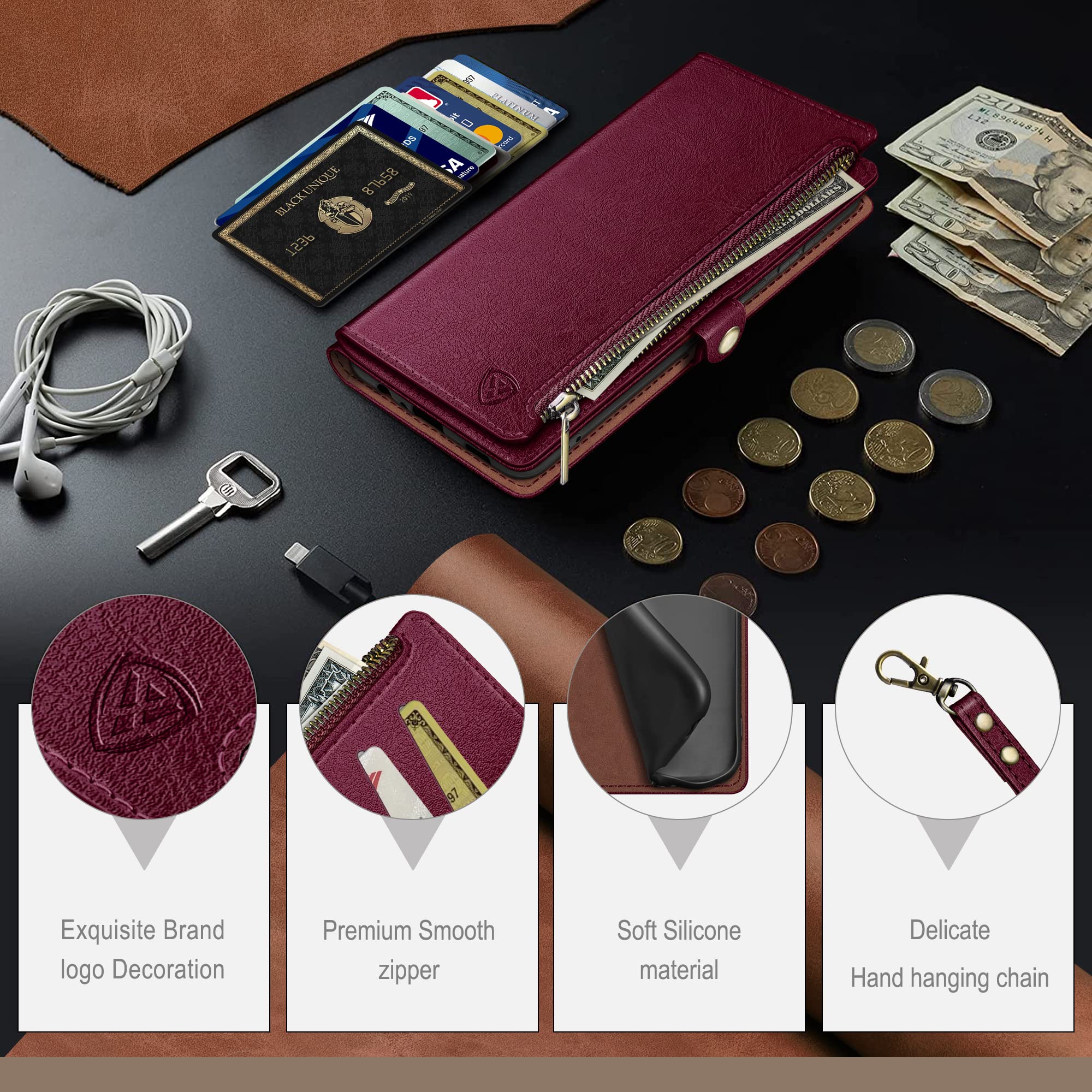 Samsung Galaxy S24 Ultra Wallet Case with Zipper Credit Card Holder & RFID Blocking - Flip Folio PU Leather Shockproof Protective Cover for Men & Women (Wine Red) - Perfect for Business Travel, Daily Commute & Secure Storage