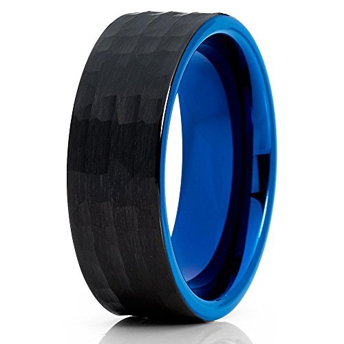 Blue Tungsten Wedding Band for Men & Women - 8mm Hammered Tungsten Carbide Ring - Comfort Fit Anniversary Ring - Perfect for Weddings, Engagements & Special Occasions