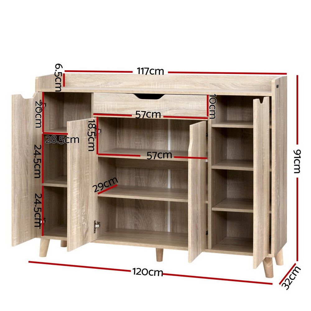 120cm Wooden Shoe Storage Cabinet with Drawers - Shoe Organizer Rack for Entryway, Closet & Bedroom - Space Saving Shoe Cupboard for Home Organization