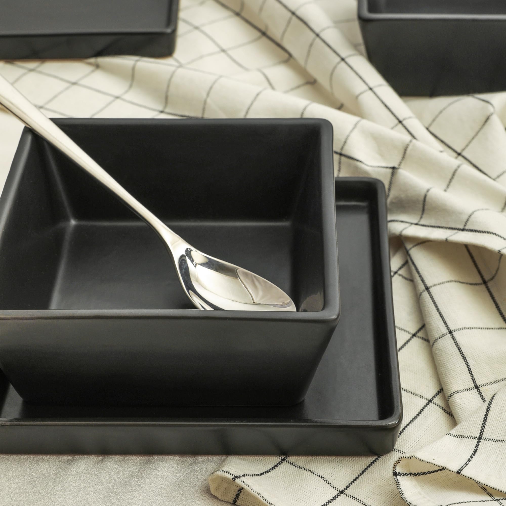 Premium 12-Piece Stoneware Dinnerware Set for 4 - Black Square Plates & Bowls - Durable Stone Lain Grace Collection - Perfect for Family Dinners, Entertaining Guests & Restaurant-Style Dining