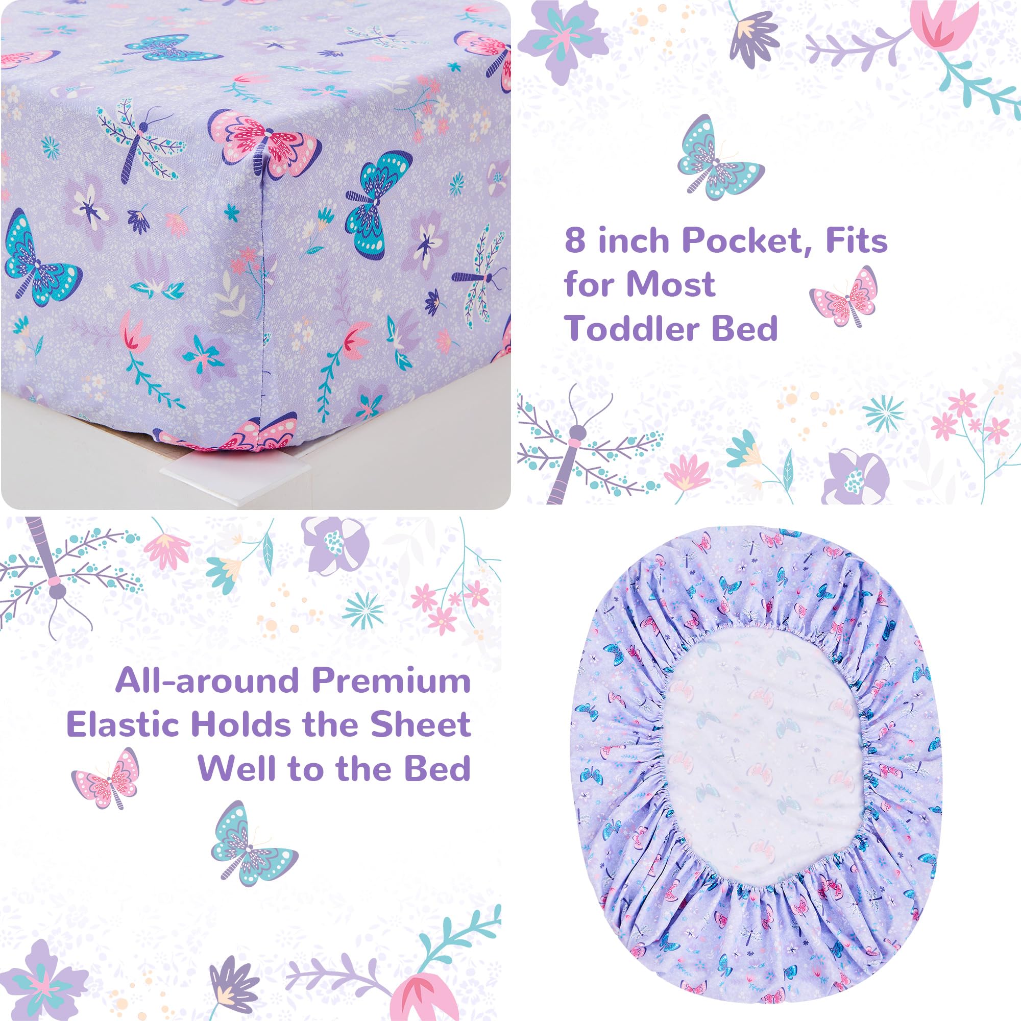 Butterfly Toddler Bedding Set for Girls - 4 Piece Bed-in-a-Bag Comforter Set with Super Soft Microfiber Sheets | Nursery Decor & Toddler Room Essentials for Sweet Dreams