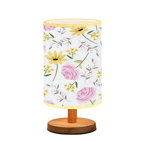 Handmade Floral Table Lamp - Yellow, Blue & Pink Minimalist Nightstand Light with Wooden Base & Linen Shade - Perfect for Bedroom, Living Room, Nursery & Breastfeeding Areas - Elegant Desk Lamp for Cozy Home Decor