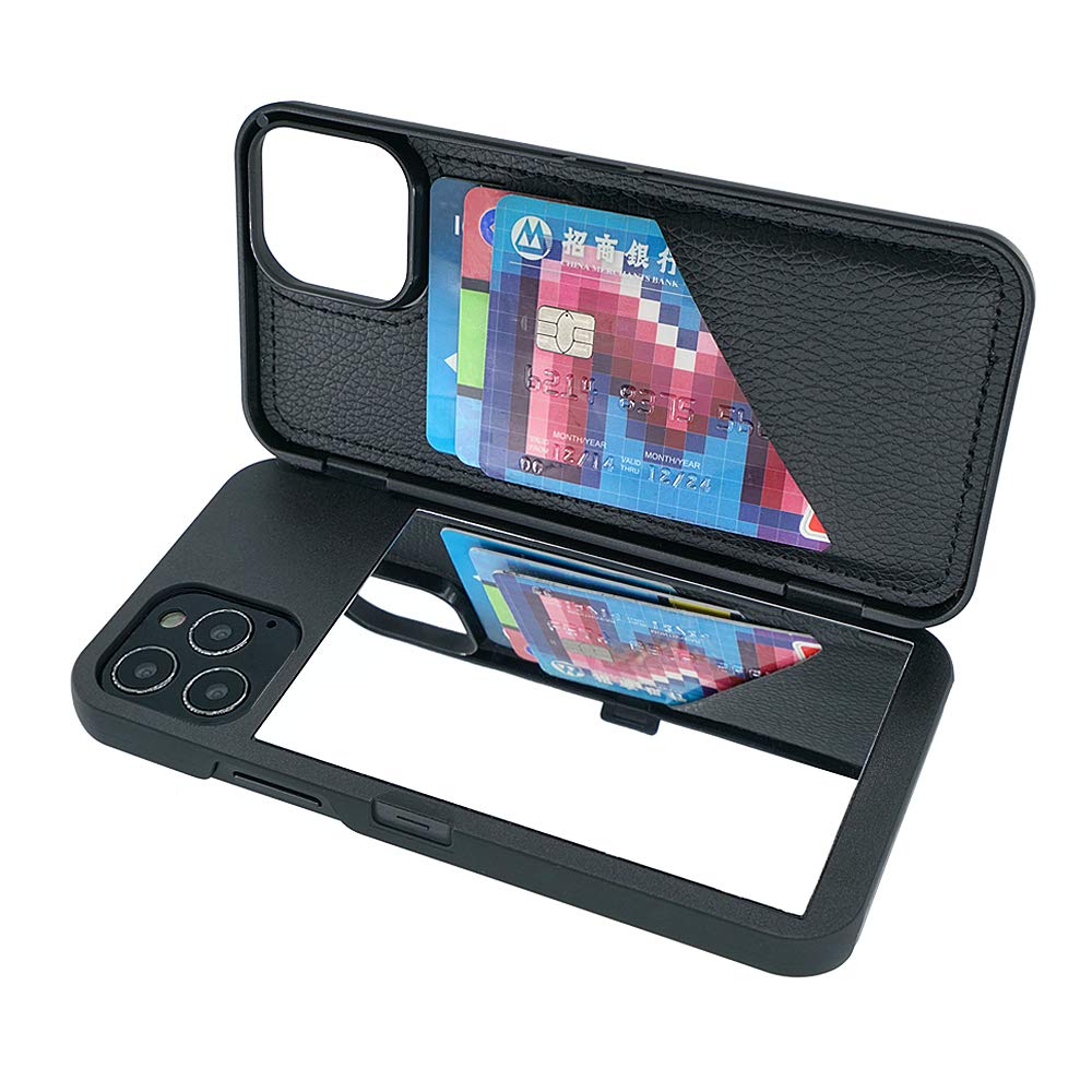 Premium iPhone 12 Pro Max Wallet Case with Built-in Kickstand & Card Holder - 6.7 Inch Protective Cover with Mirror (Black) - Perfect for Hands-Free Viewing, Secure Card Storage & Everyday Convenience